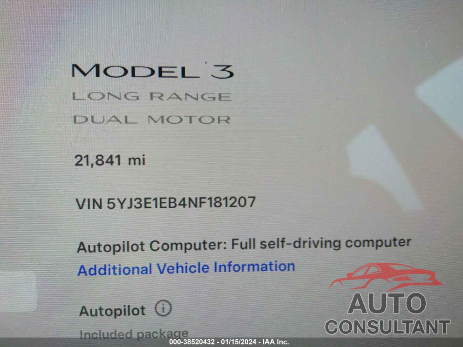 TESLA MODEL 3 2022 - 5YJ3E1EB4NF181207