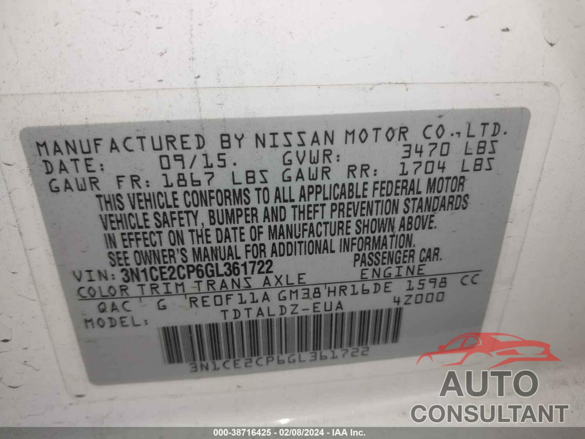 NISSAN VERSA NOTE 2016 - 3N1CE2CP6GL361722