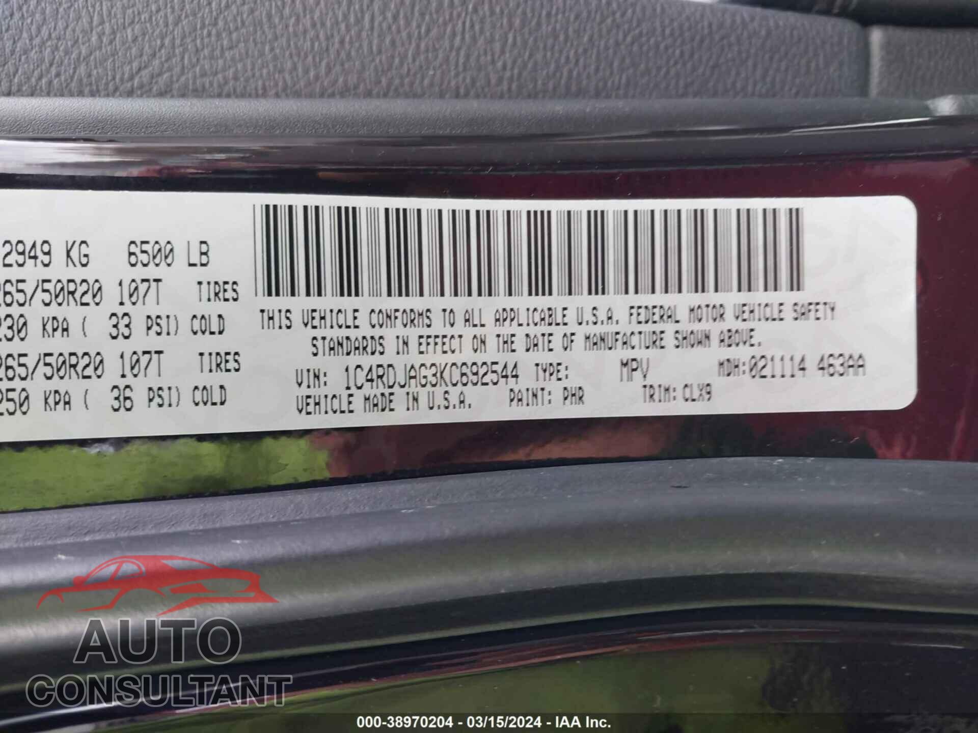 DODGE DURANGO 2019 - 1C4RDJAG3KC692544