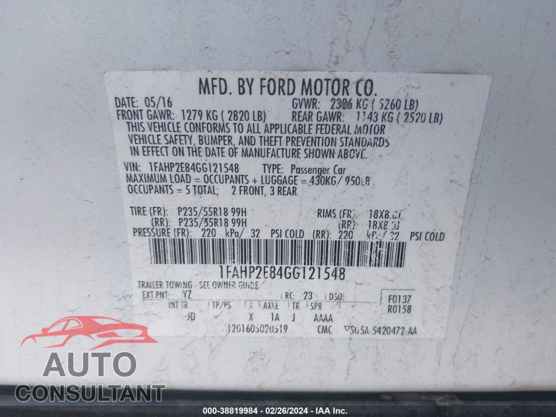 FORD TAURUS 2016 - 1FAHP2E84GG121548