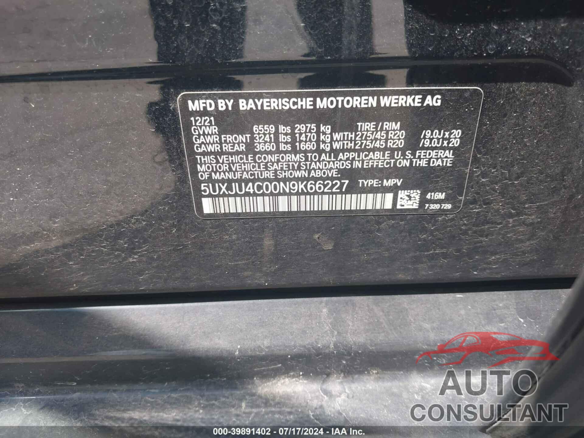 BMW X5 2022 - 5UXJU4C00N9K66227