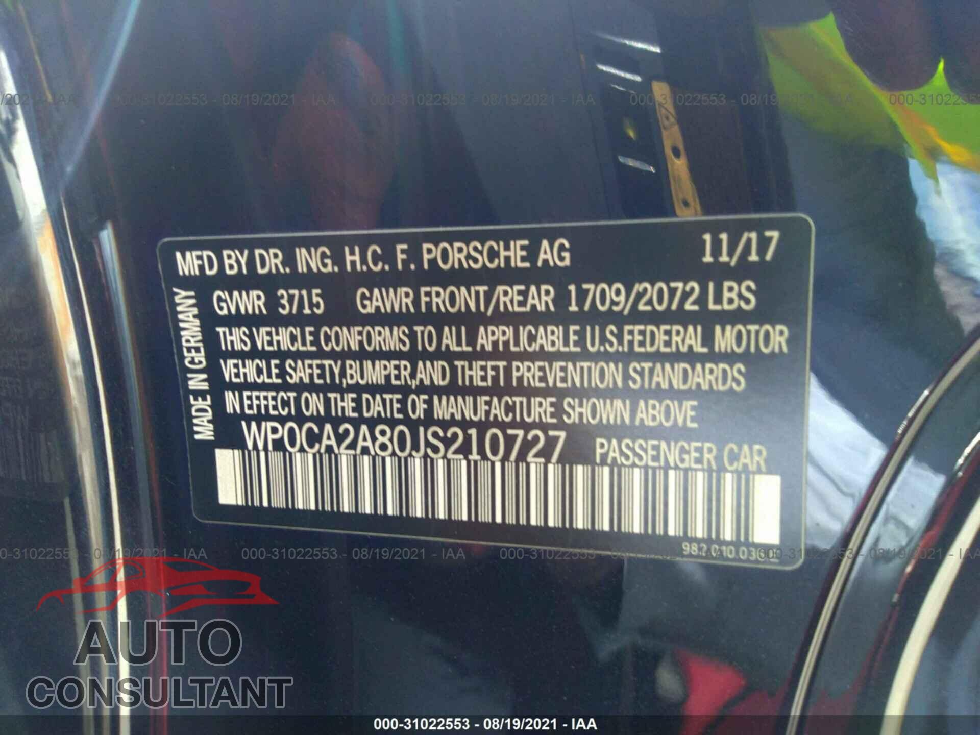 PORSCHE 718 BOXSTER 2018 - WP0CA2A80JS210727