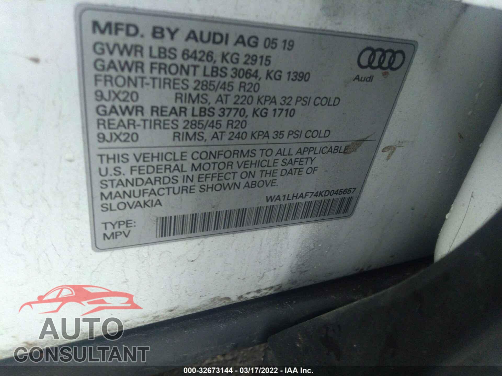 AUDI Q7 2019 - WA1LHAF74KD045657