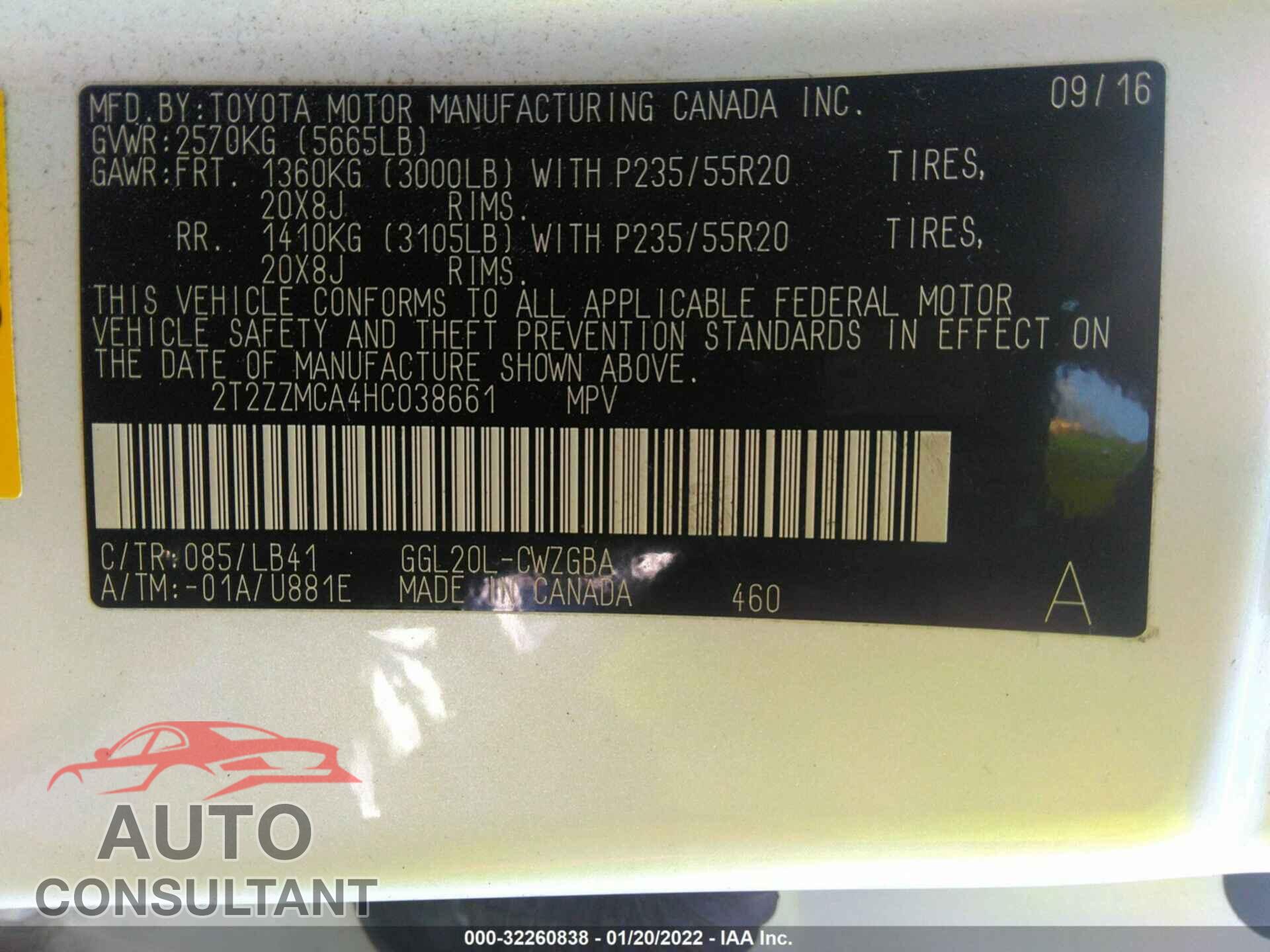 LEXUS RX 2017 - 2T2ZZMCA4HC038661