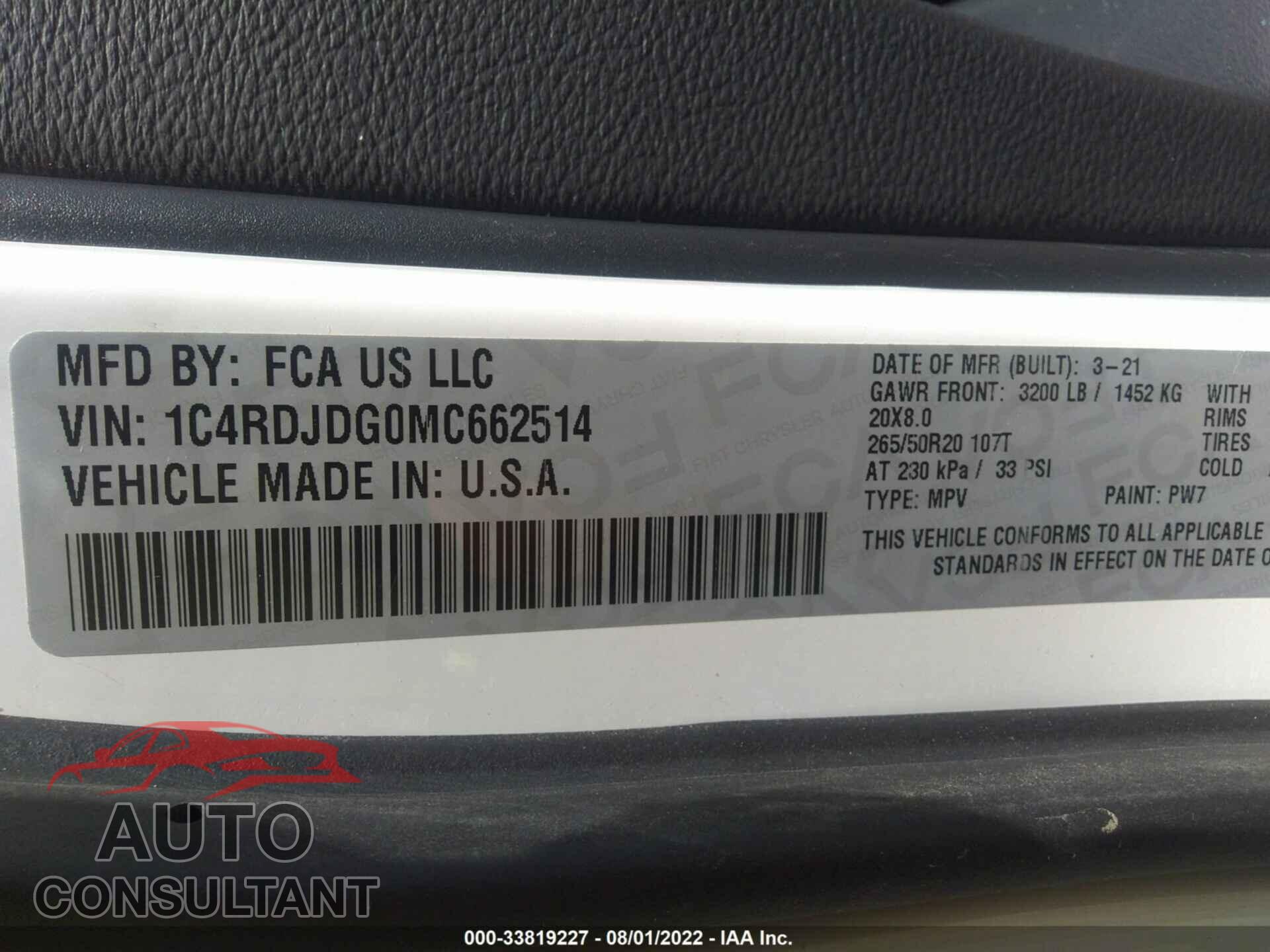 DODGE DURANGO 2021 - 1C4RDJDG0MC662514