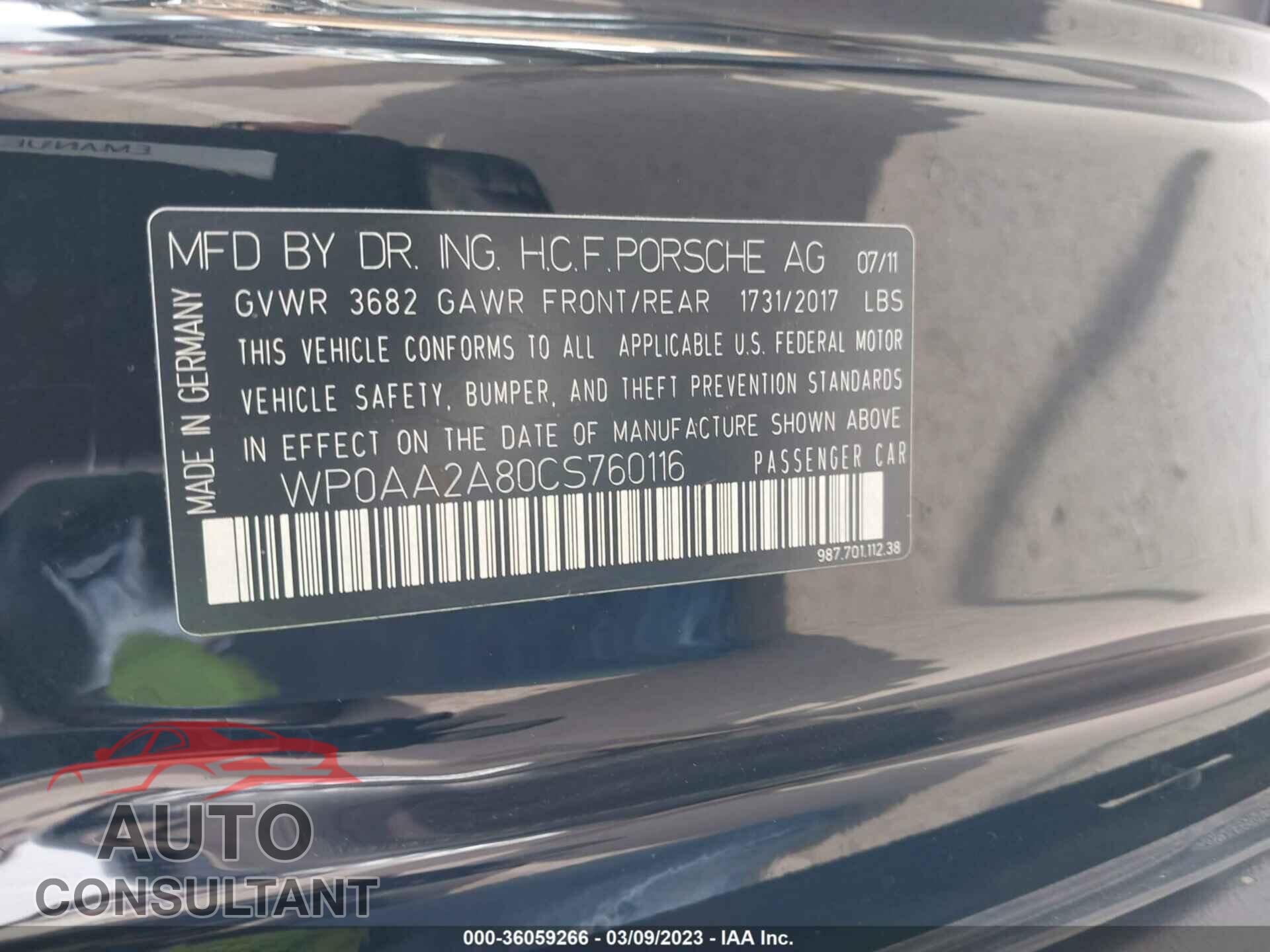 PORSCHE CAYMAN 2012 - WP0AA2A80CS760116