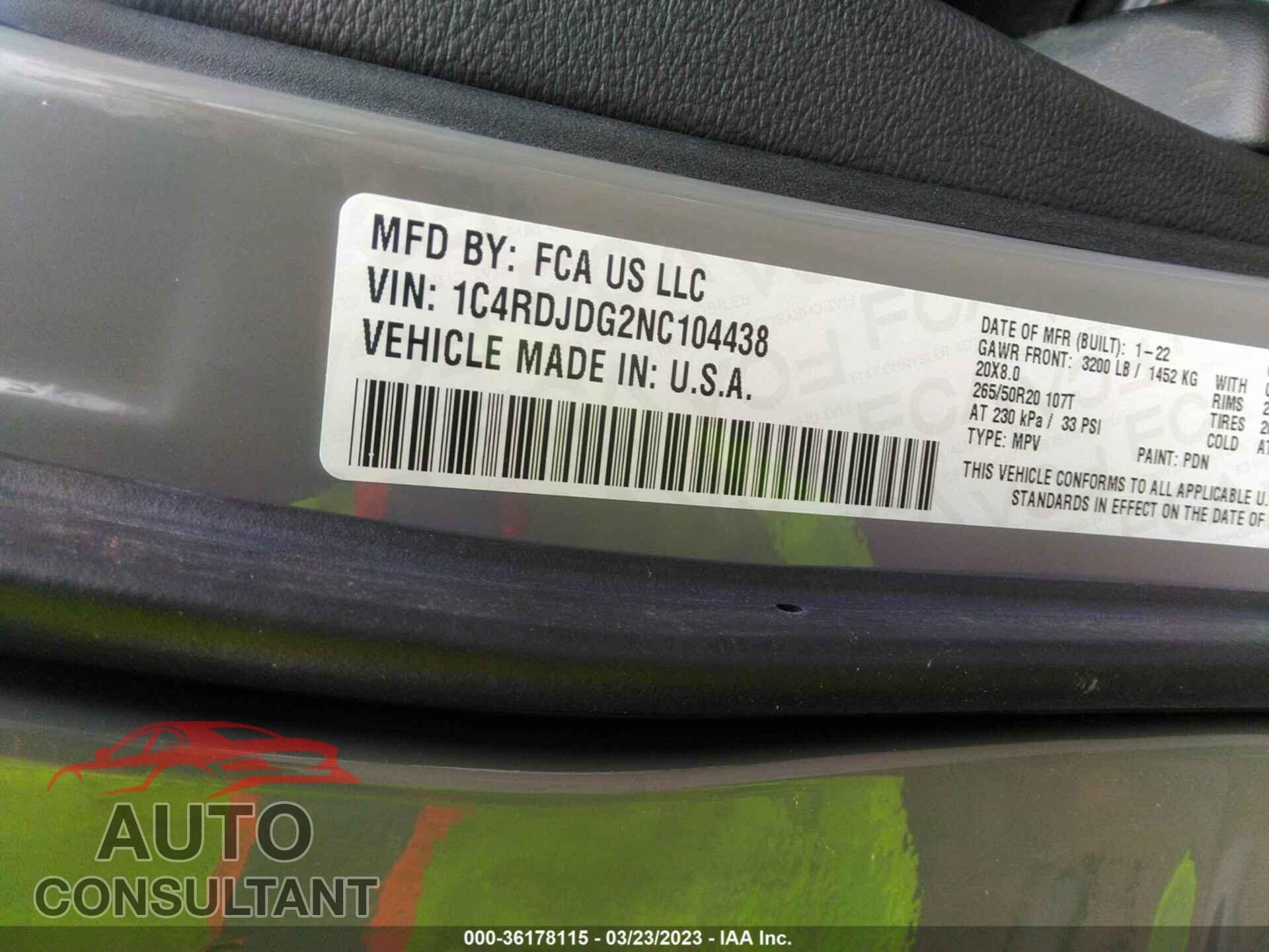 DODGE DURANGO 2022 - 1C4RDJDG2NC104438