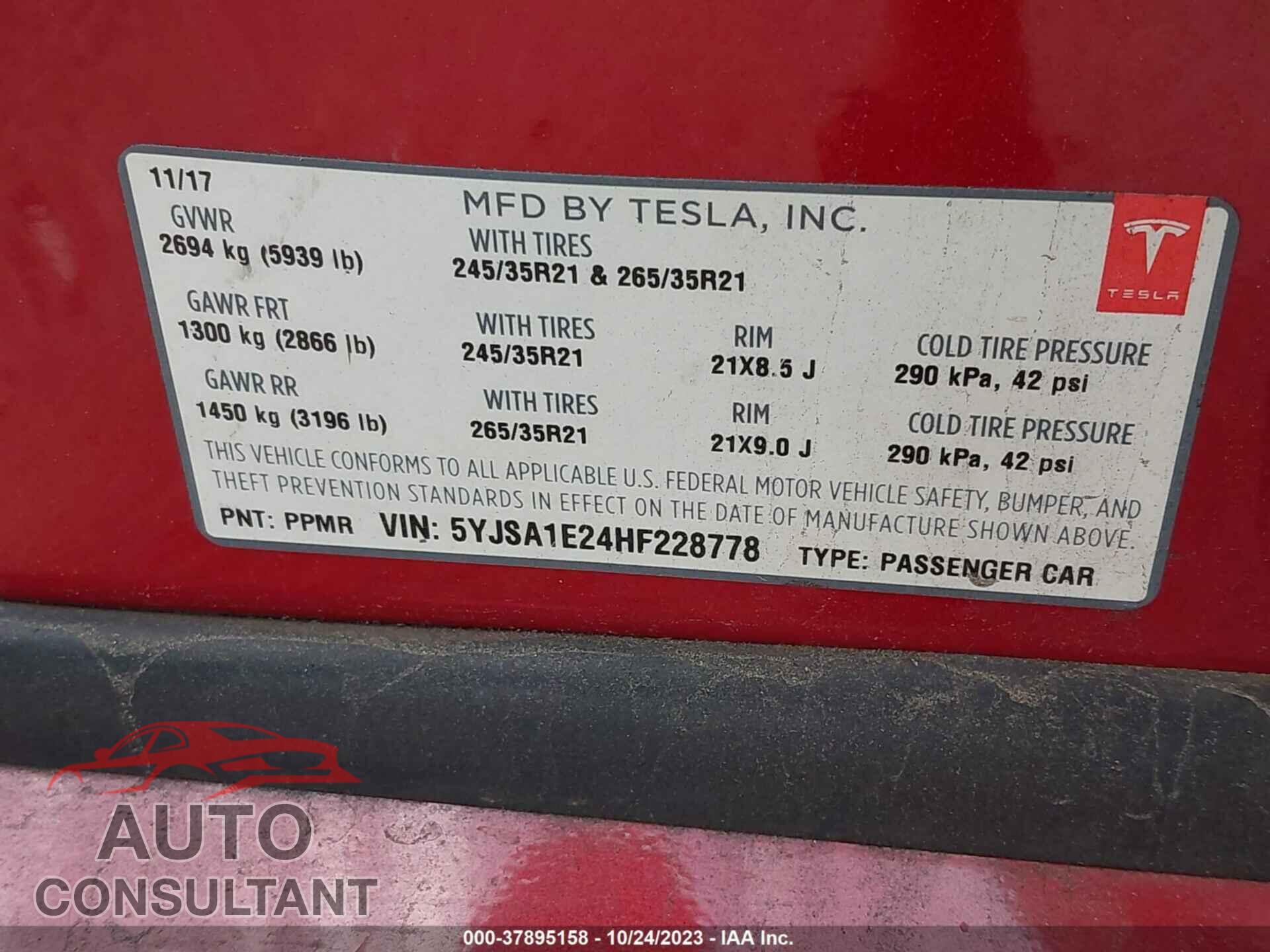 TESLA MODEL S 2017 - 5YJSA1E24HF228778