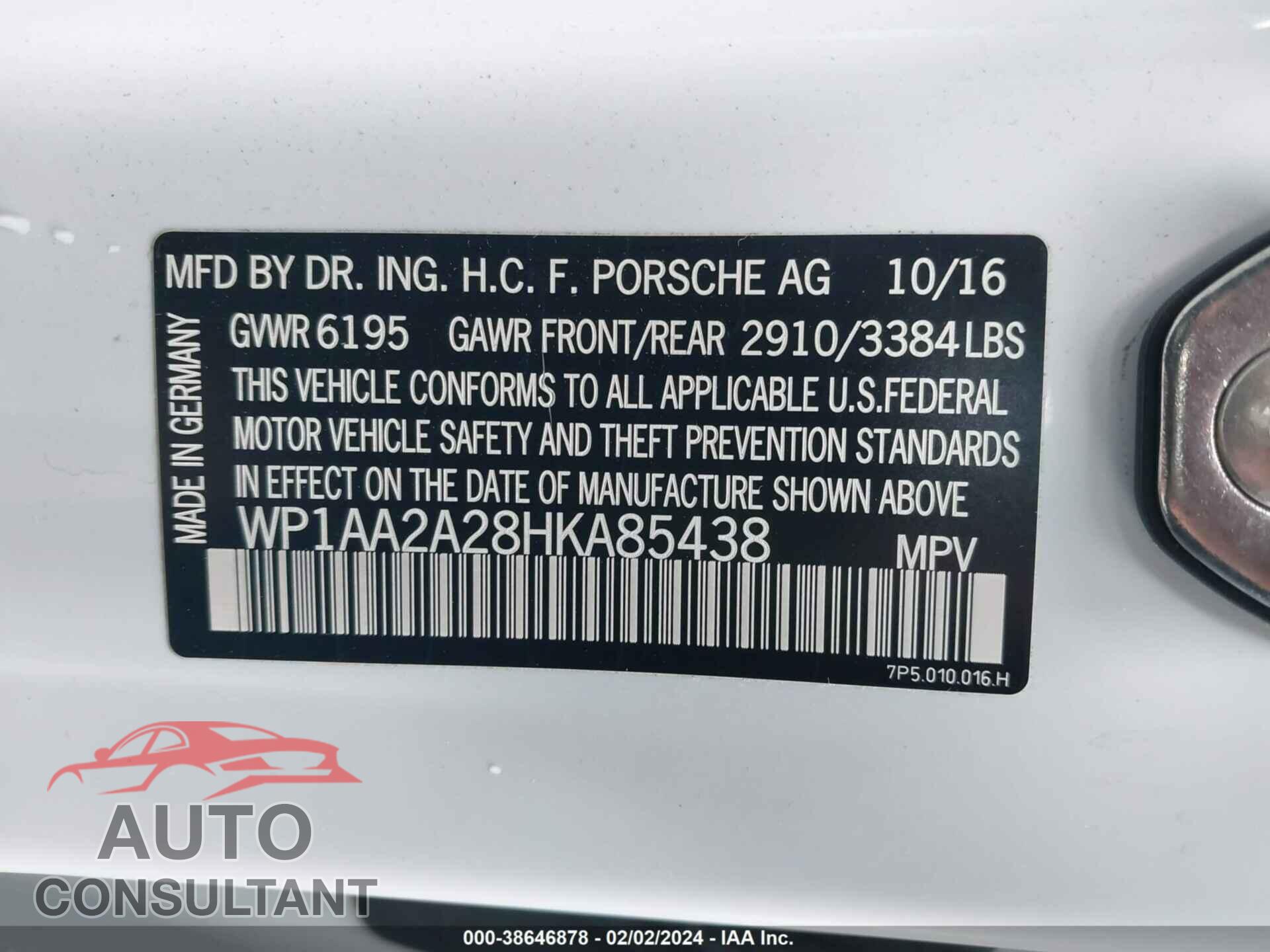 PORSCHE CAYENNE 2017 - WP1AA2A28HKA85438