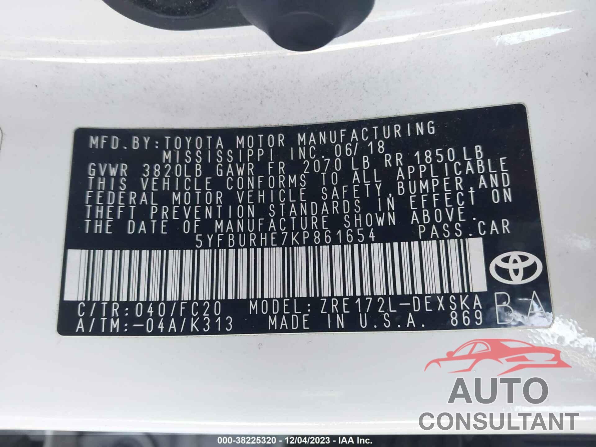 TOYOTA COROLLA 2019 - 5YFBURHE7KP861654