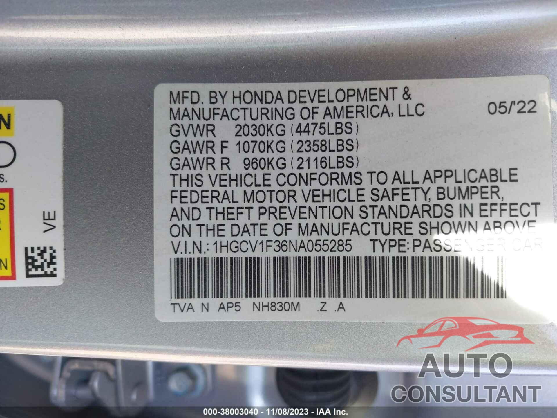 HONDA ACCORD 2022 - 1HGCV1F36NA055285