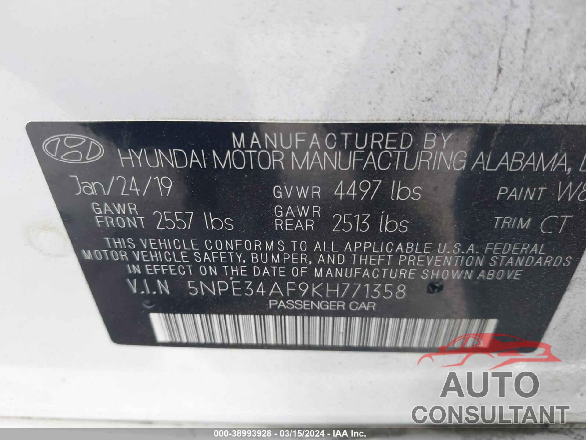 HYUNDAI SONATA 2019 - 5NPE34AF9KH771358