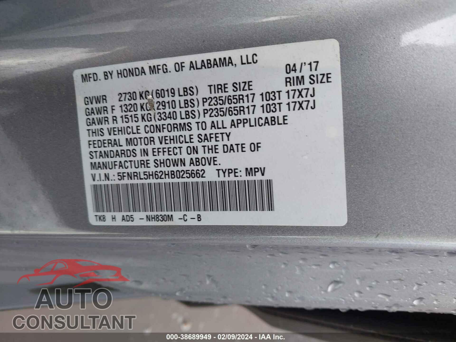 HONDA ODYSSEY 2017 - 5FNRL5H62HB025662
