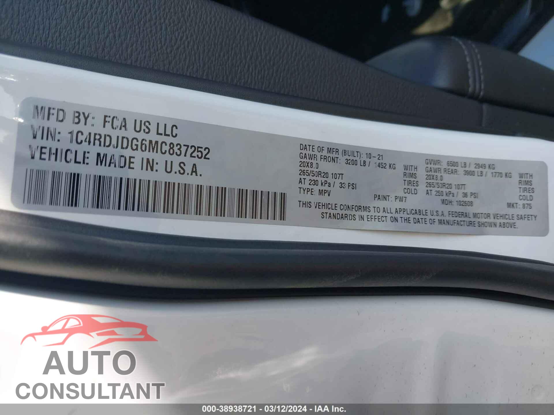 DODGE DURANGO 2021 - 1C4RDJDG6MC837252