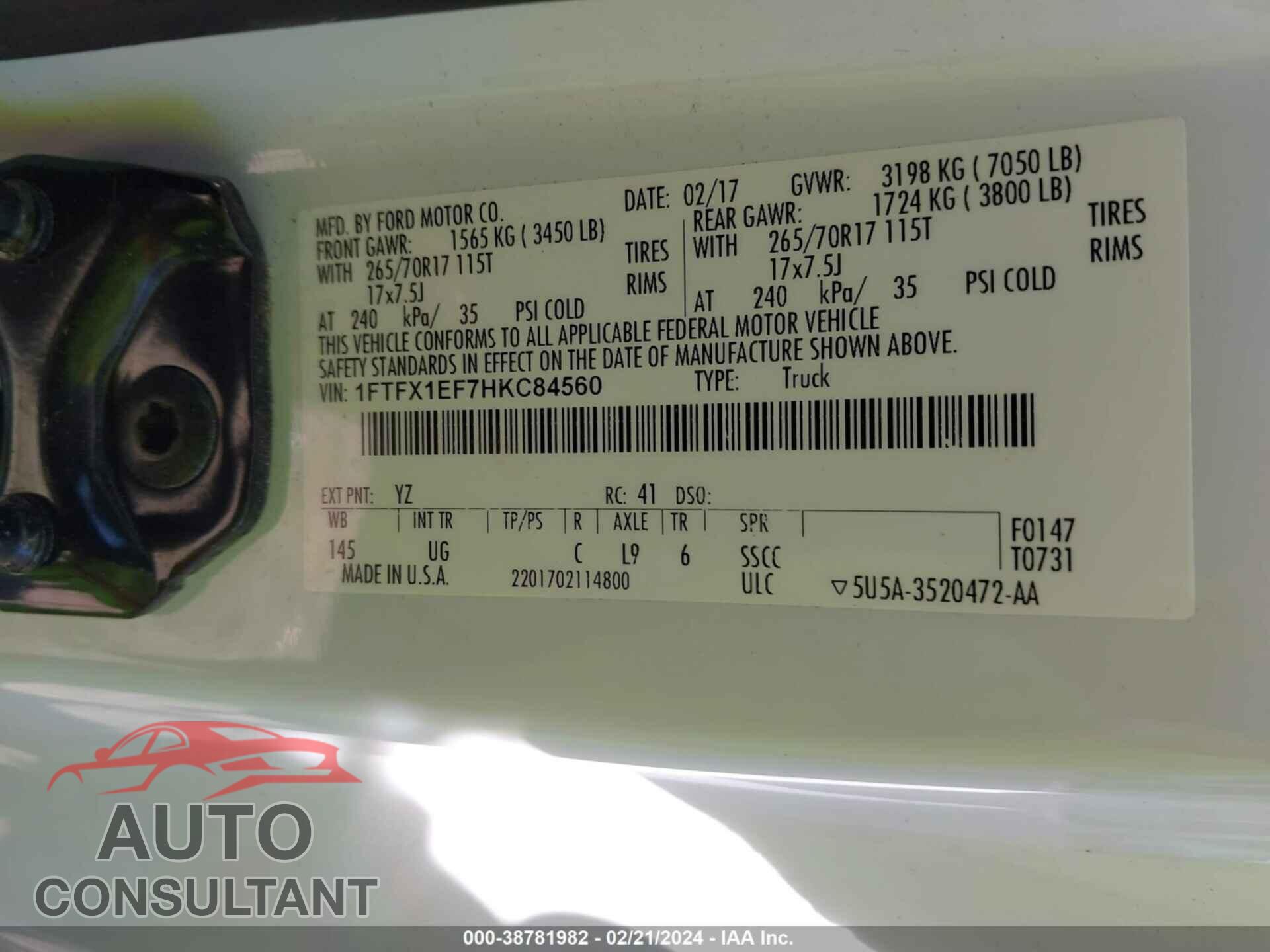 FORD F150 2017 - 1FTFX1EF7HKC84560
