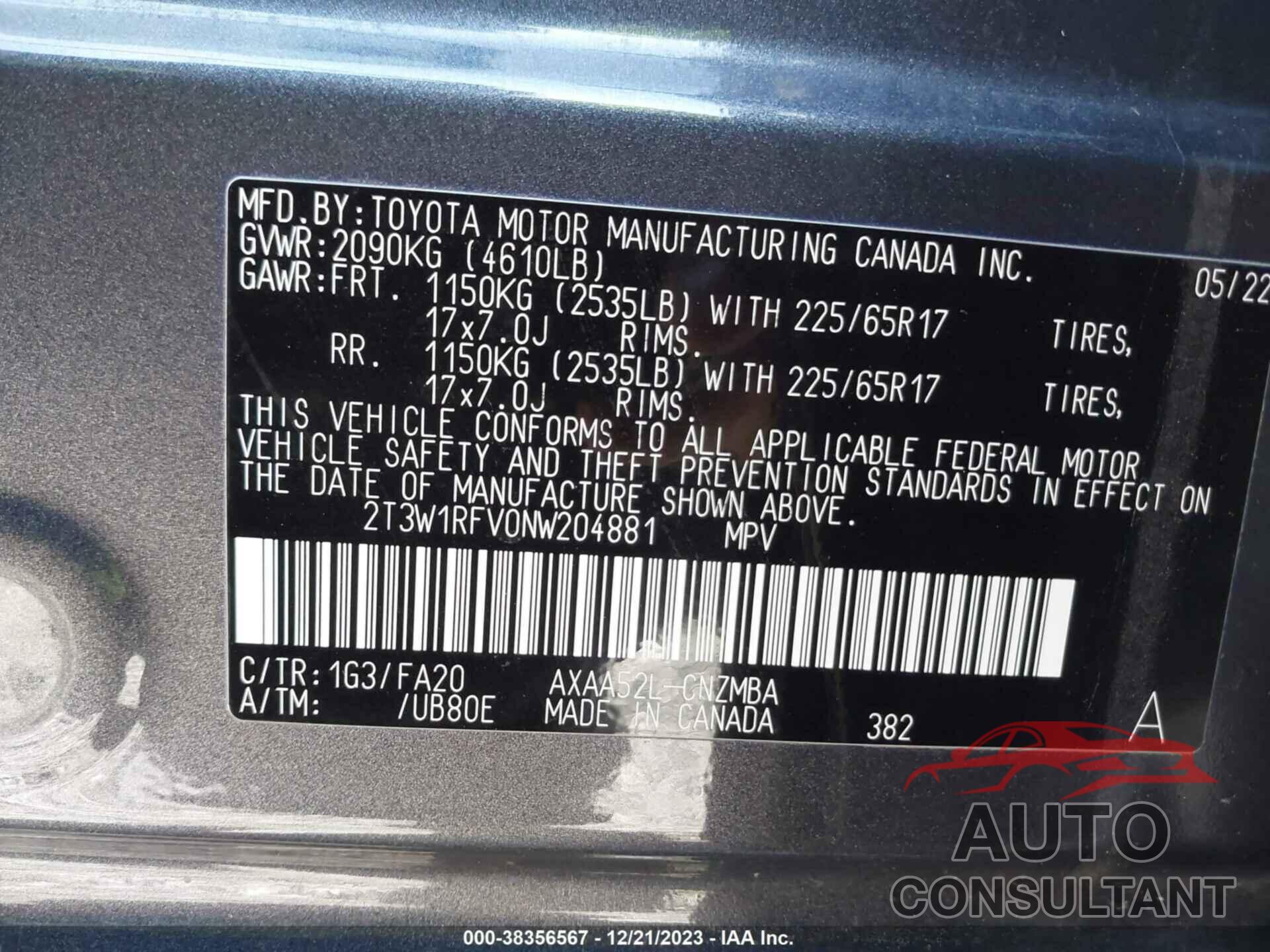 TOYOTA RAV4 2022 - 2T3W1RFV0NW204881