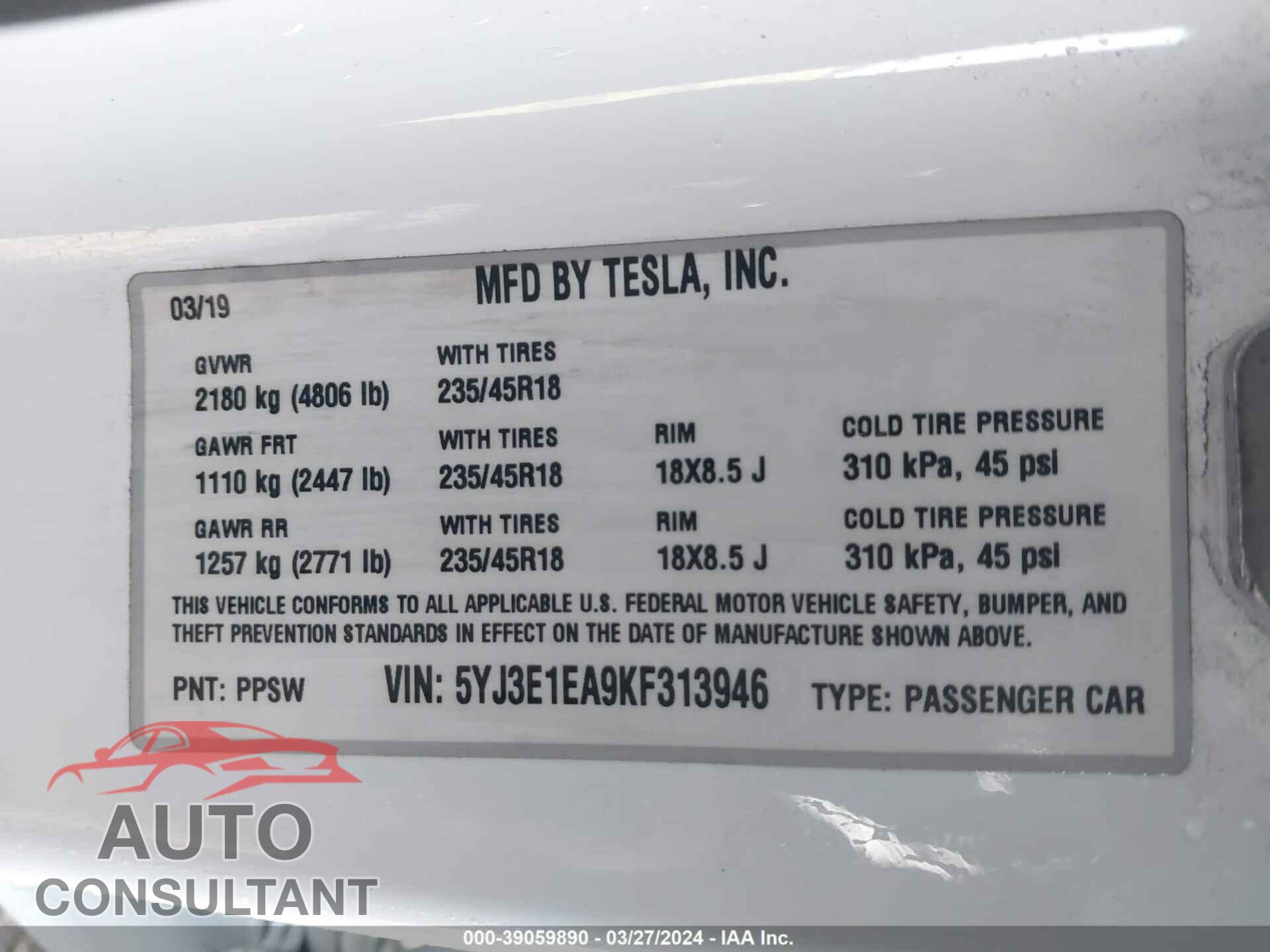 TESLA MODEL 3 2019 - 5YJ3E1EA9KF313946