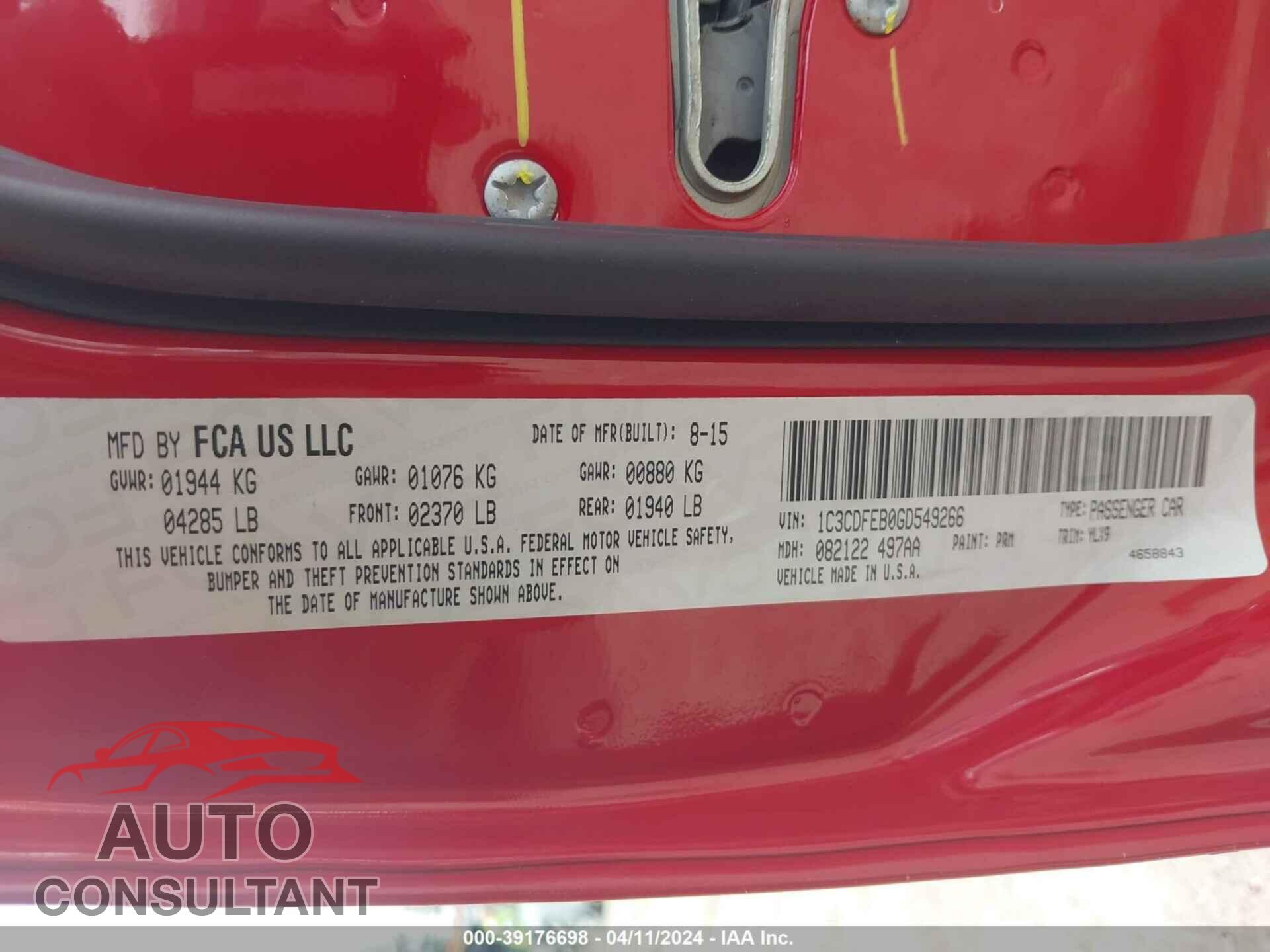 DODGE DART 2016 - 1C3CDFEBOGD549266