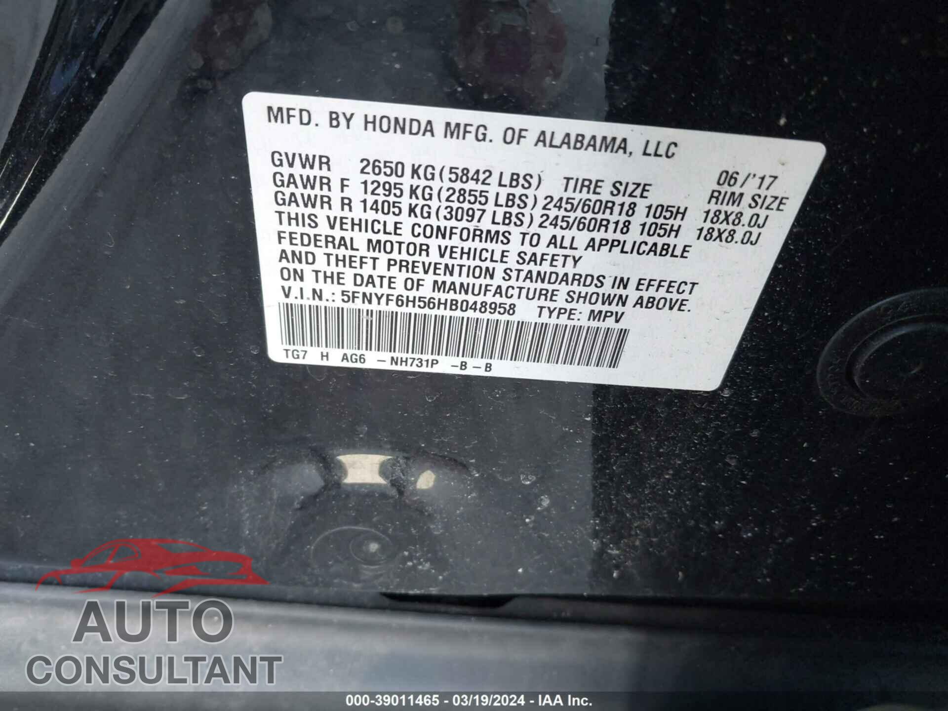 HONDA PILOT 2017 - 5FNYF6H56HB048958
