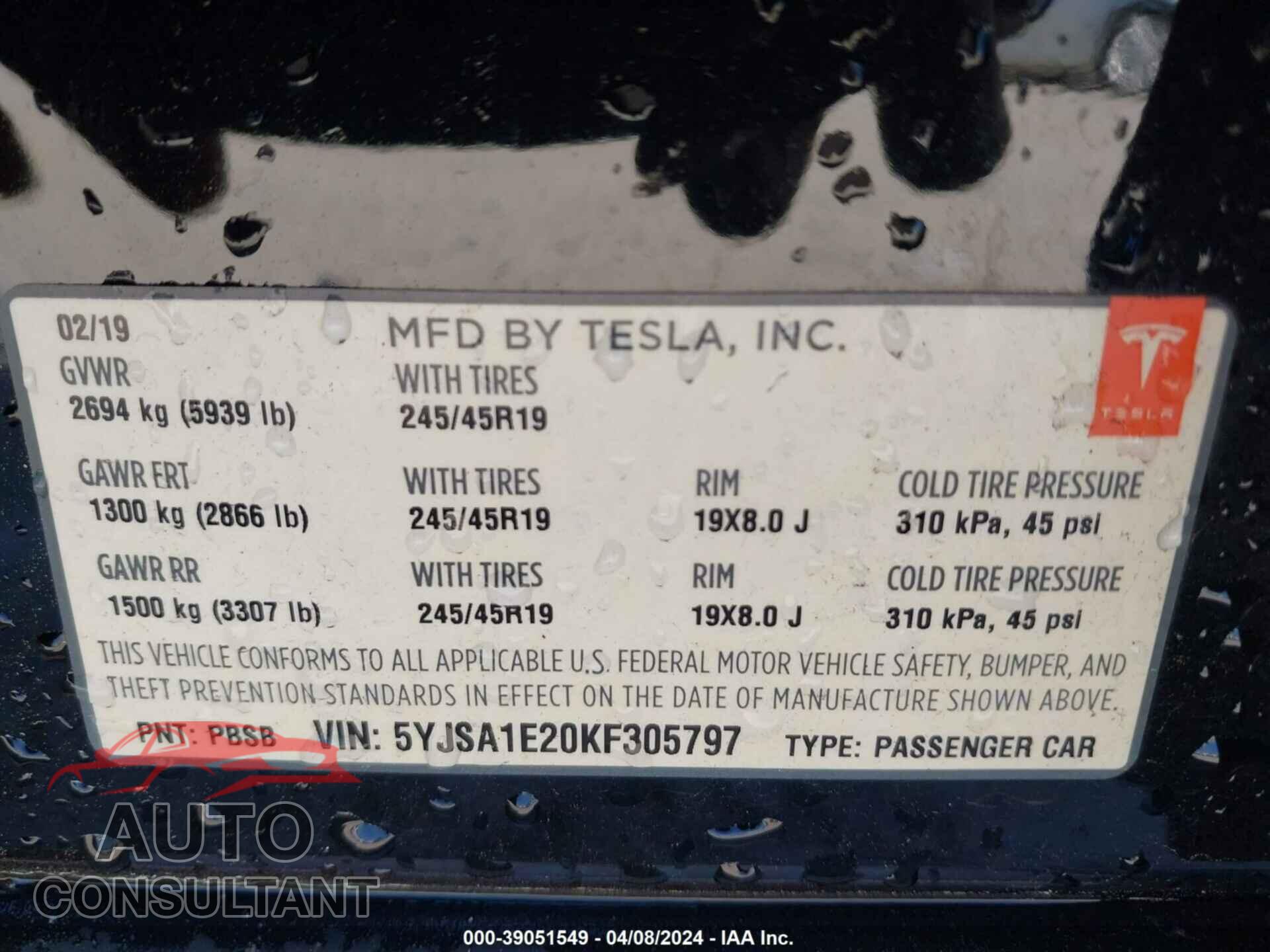 TESLA MODEL S 2019 - 5YJSA1E20KF305797