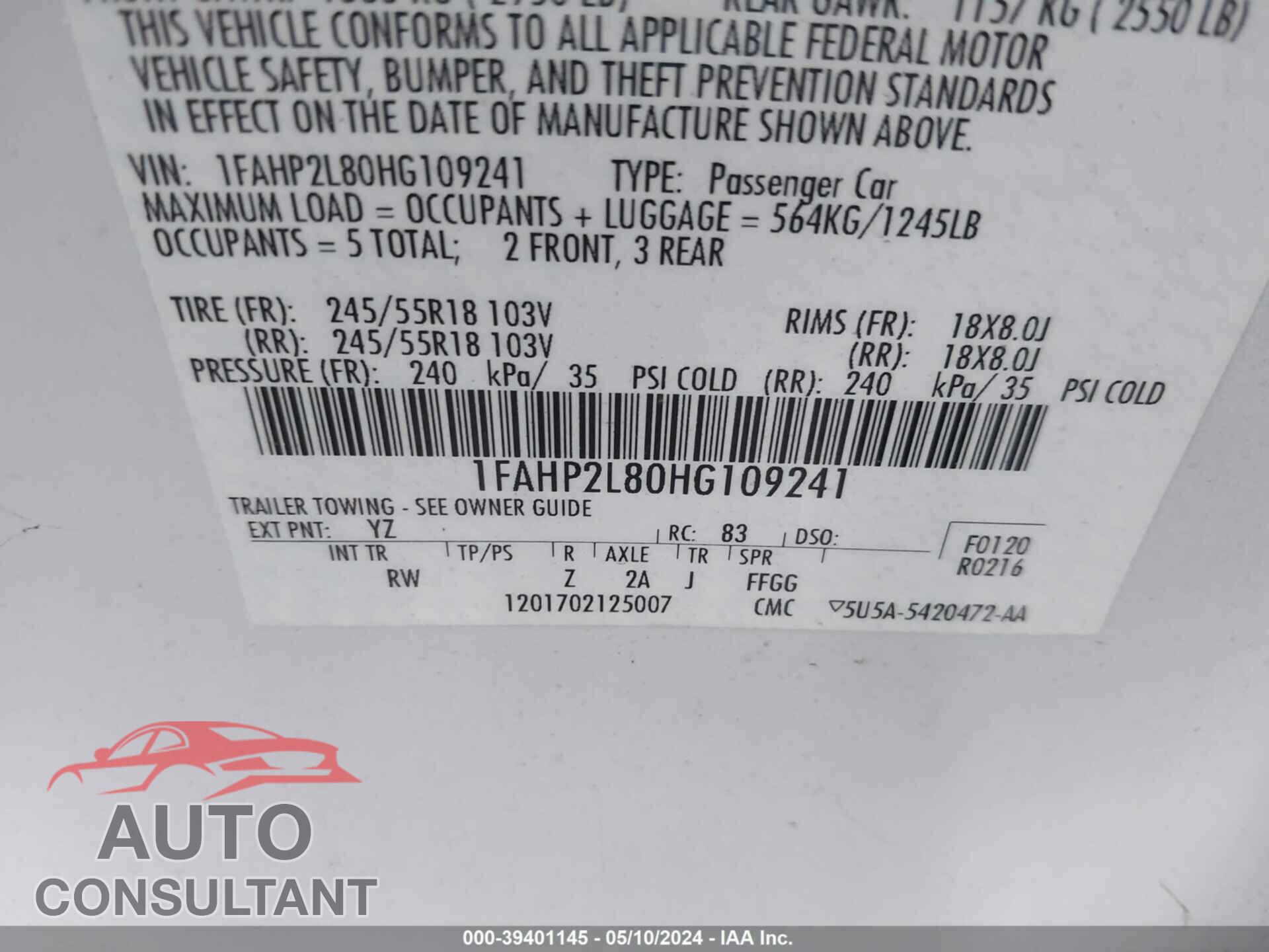 FORD TAURUS 2017 - 1FAHP2L80HG109241