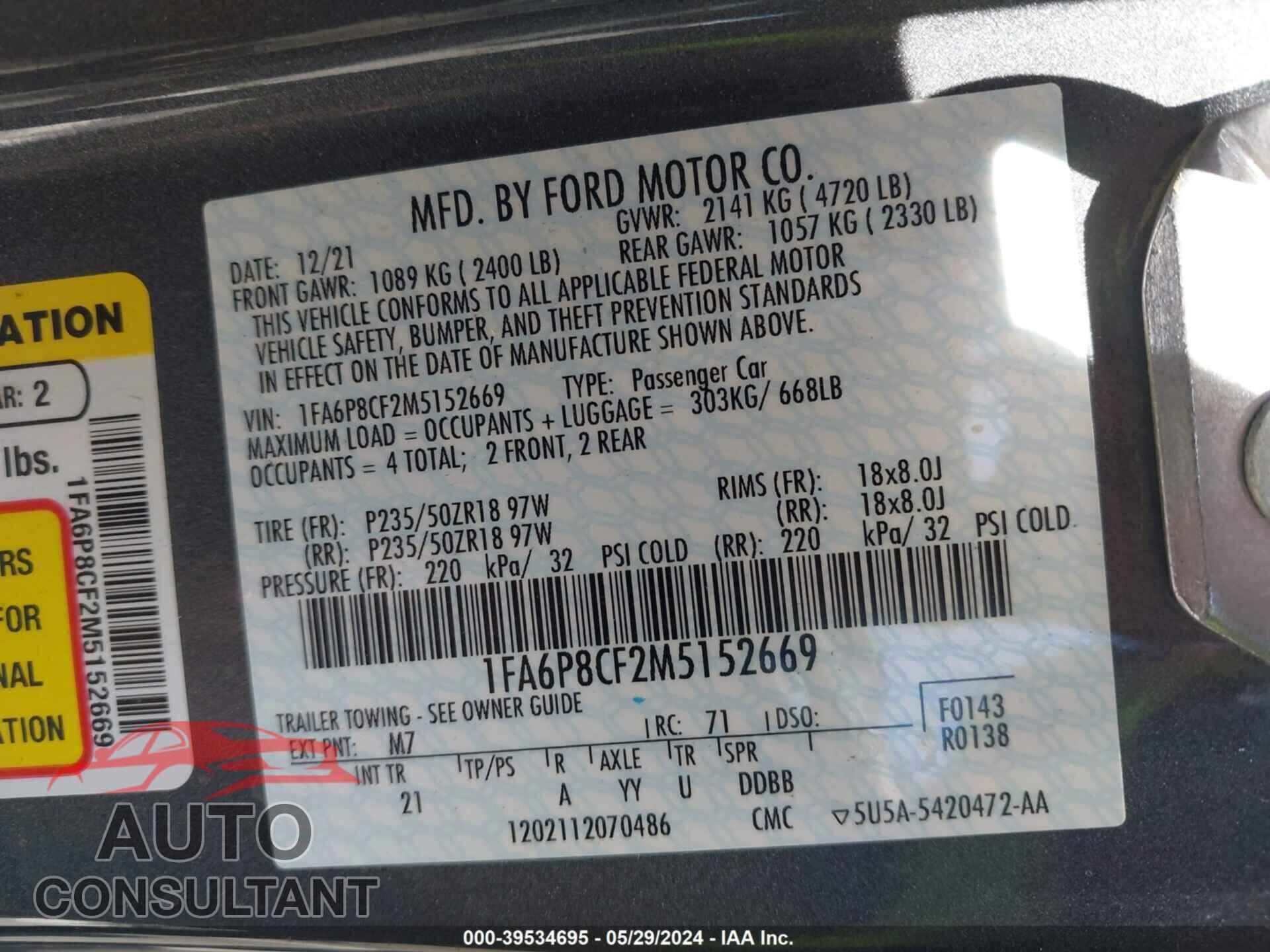 FORD MUSTANG 2021 - 1FA6P8CF2M5152669