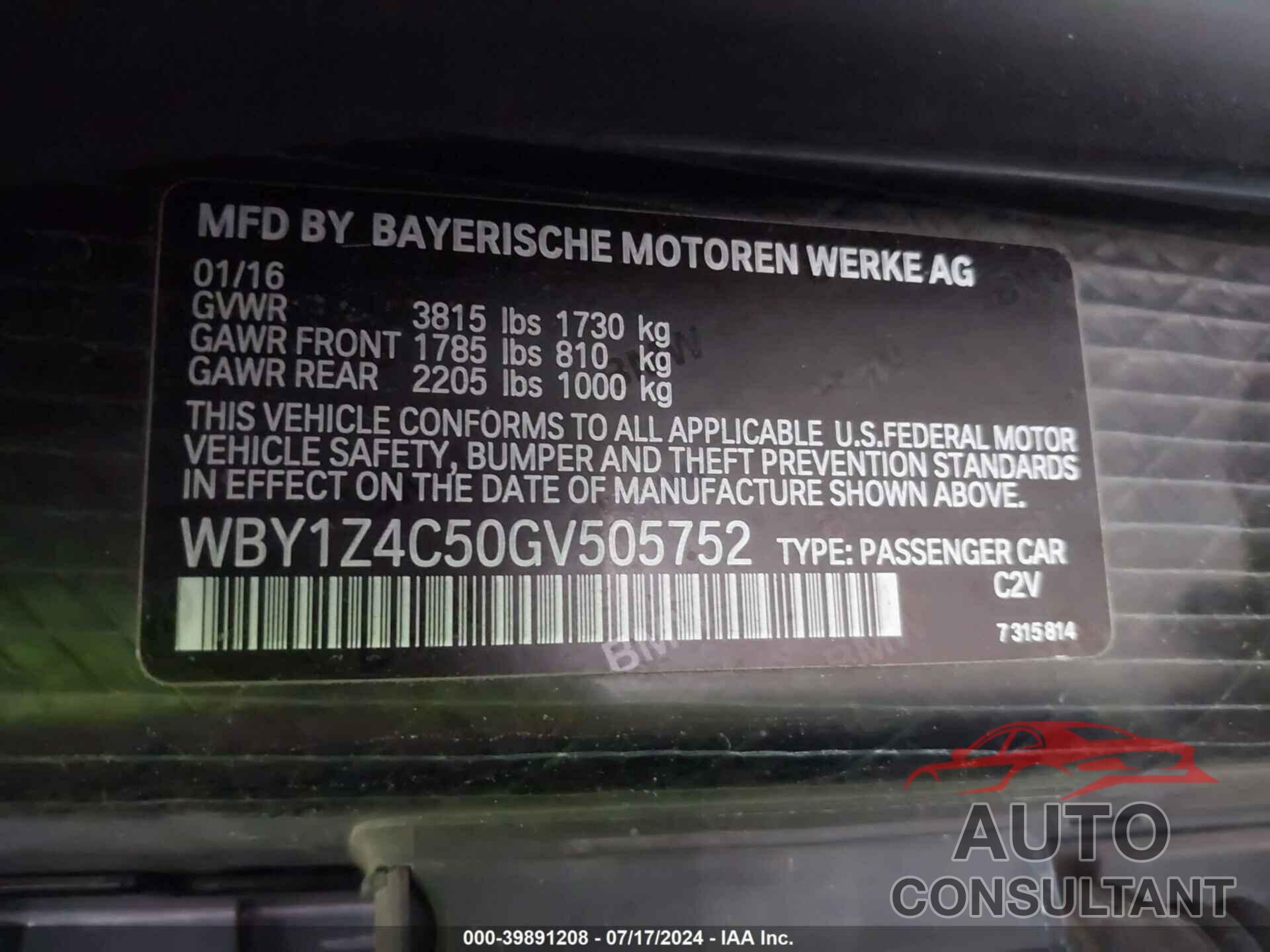 BMW I3 2016 - WBY1Z4C50GV505752