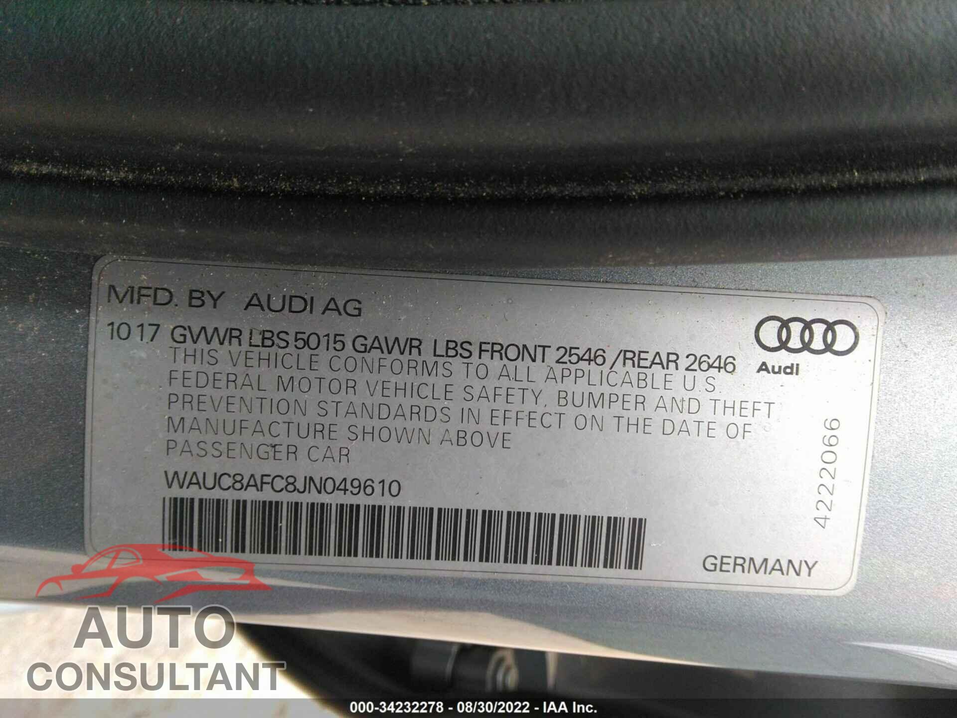 AUDI A6 2018 - WAUC8AFC8JN049610