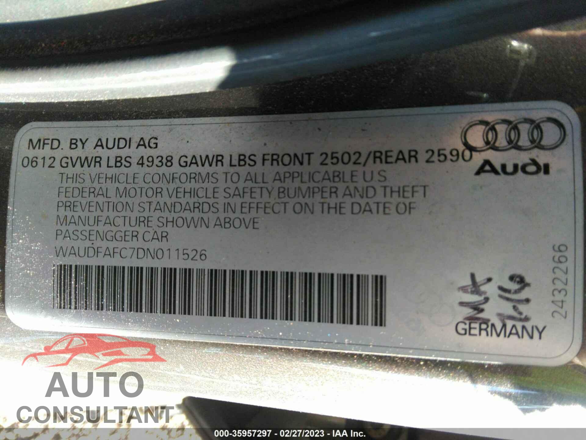 AUDI A6 2013 - WAUDFAFC7DN011526