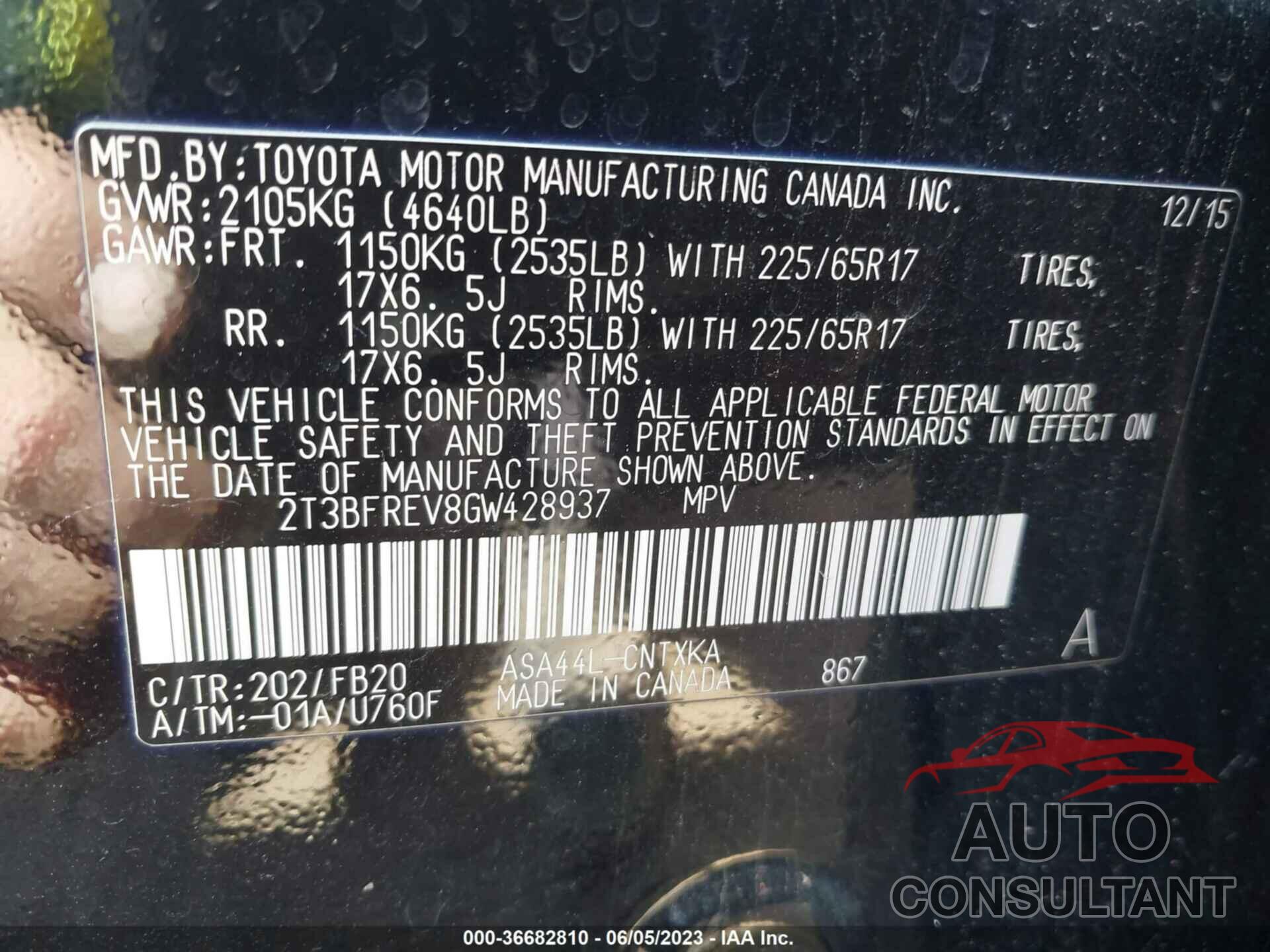 TOYOTA RAV4 2016 - 2T3BFREV8GW428937
