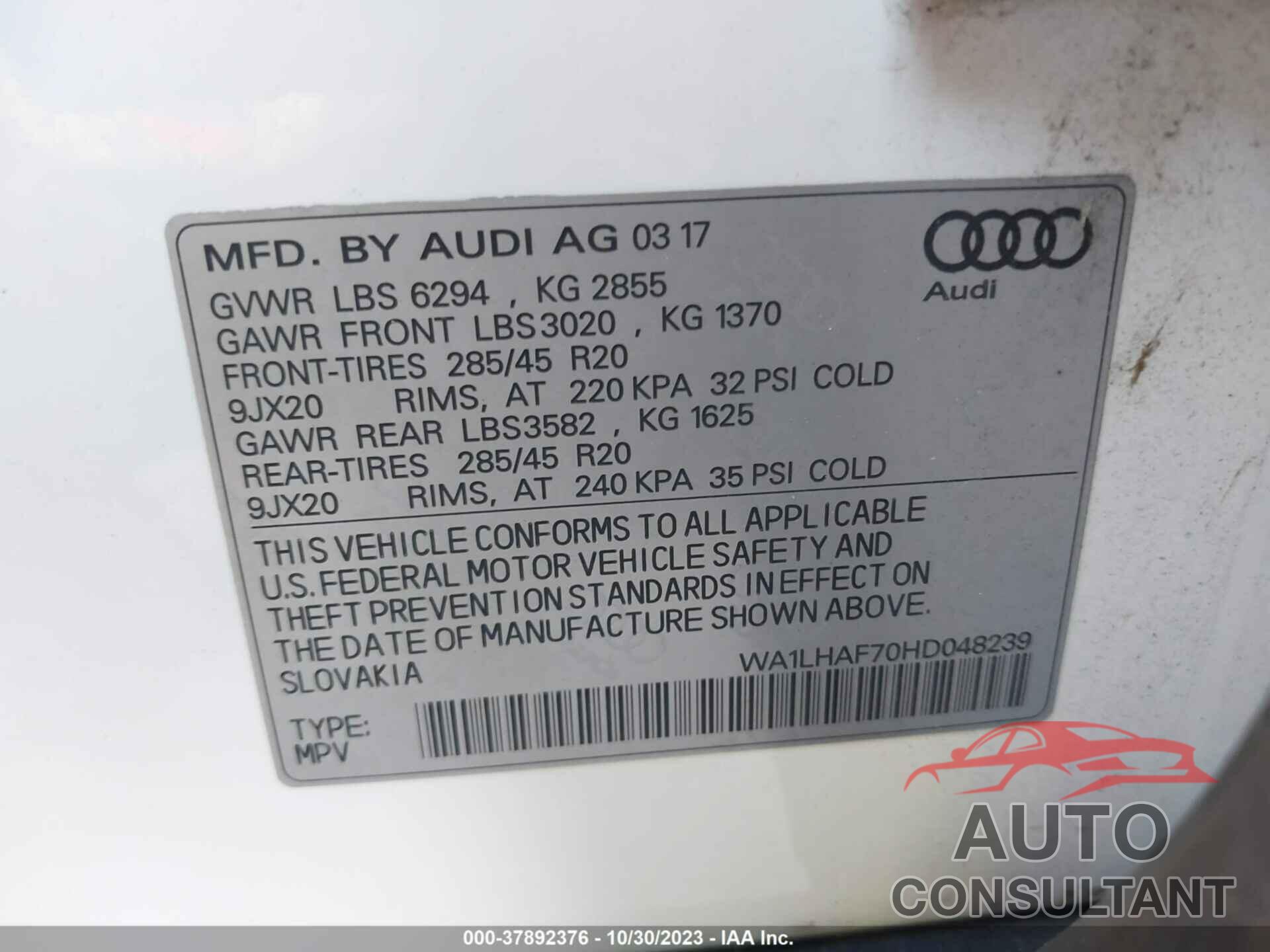 AUDI Q7 2017 - WA1LHAF70HD048239