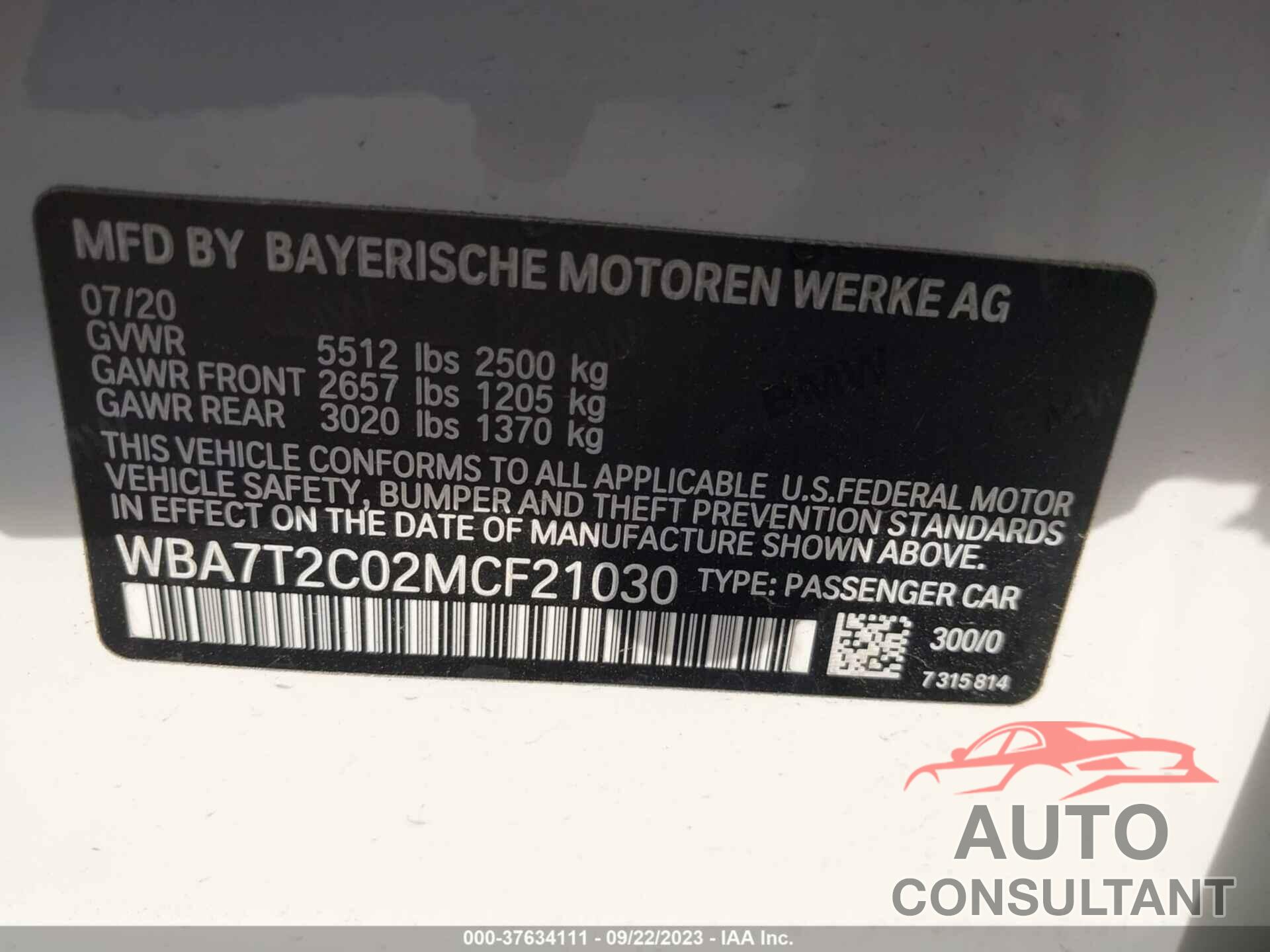 BMW 7 SERIES 2021 - WBA7T2C02MCF21030