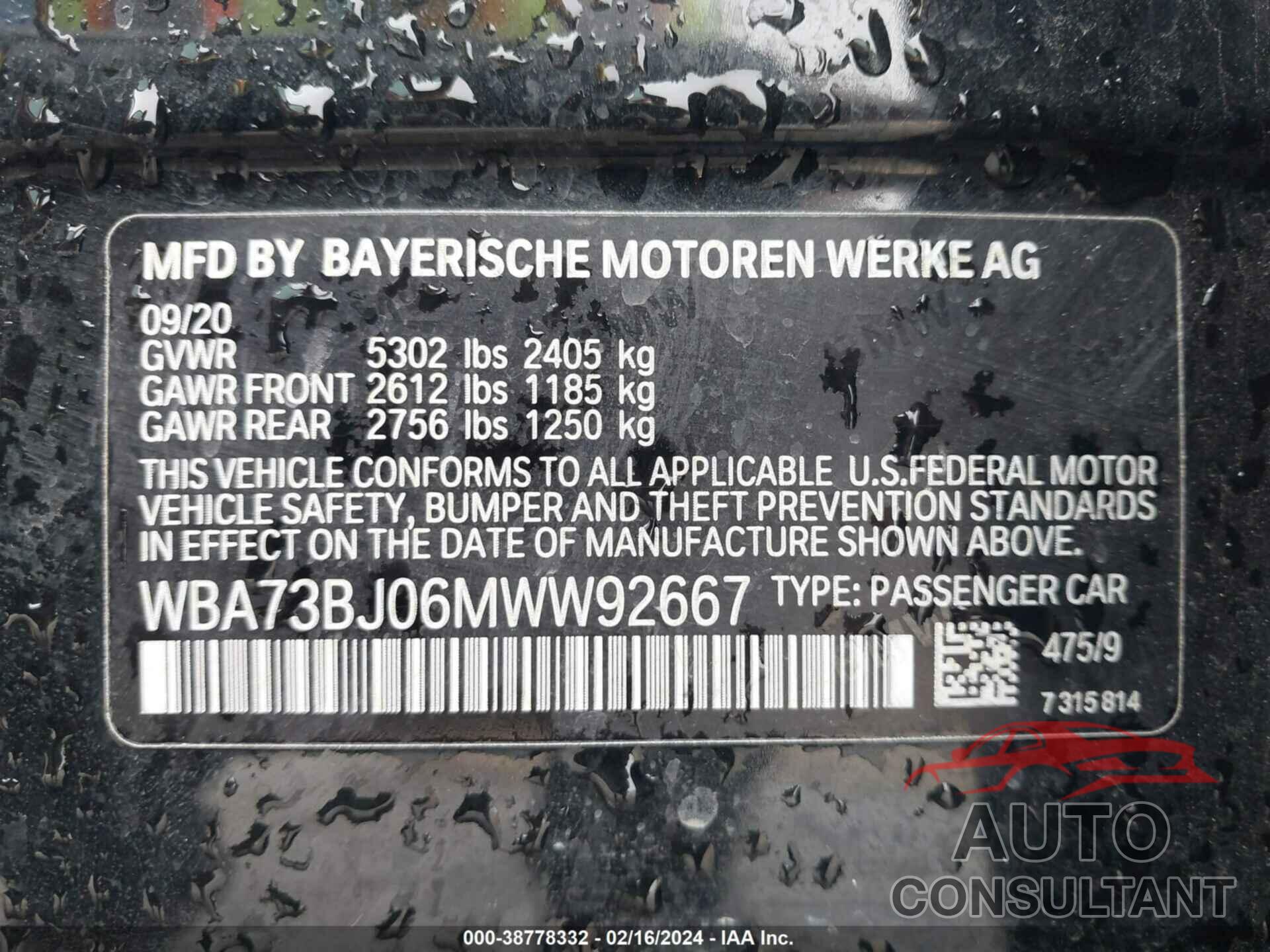 BMW 540I 2021 - WBA73BJ06MWW92667