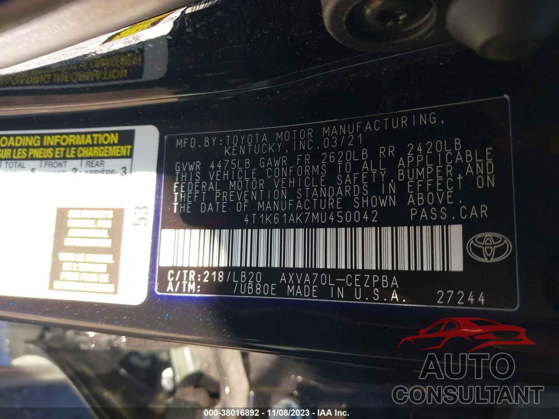 TOYOTA CAMRY 2021 - 4T1K61AK7MVU45004