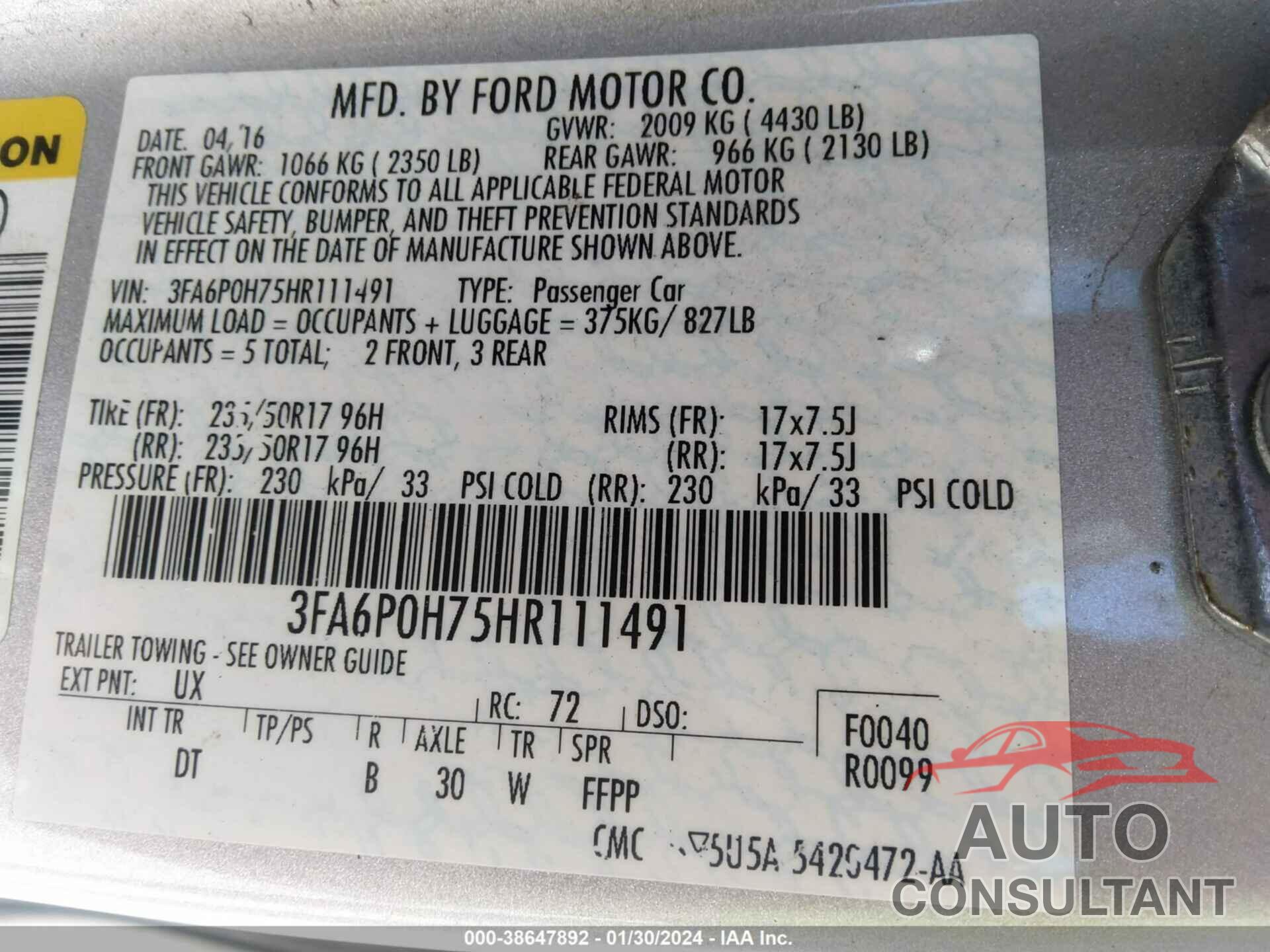 FORD FUSION 2017 - 3FA6P0H75HR111491