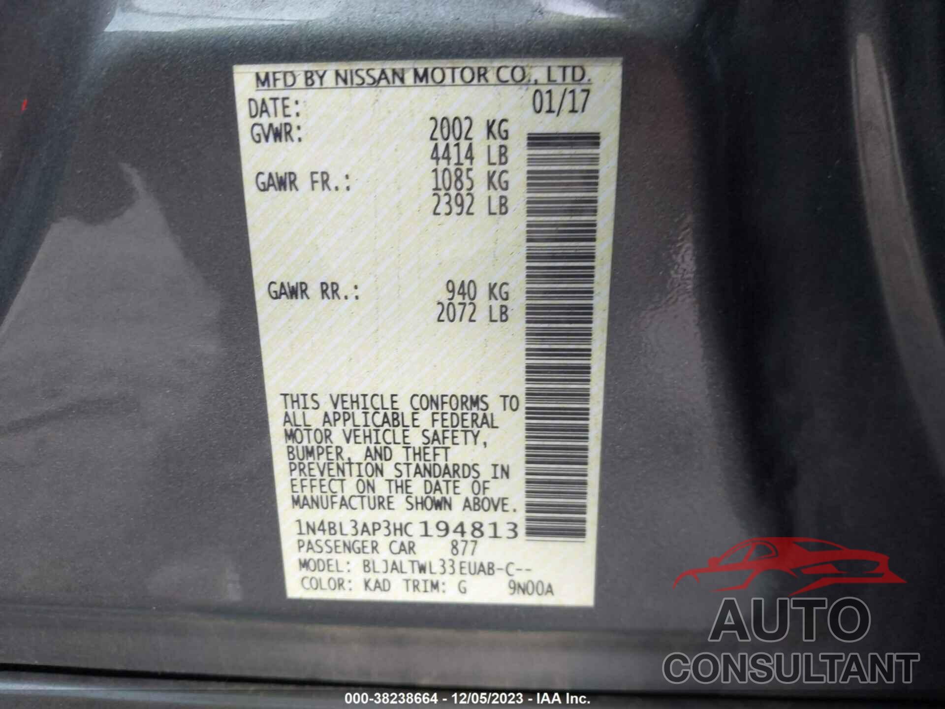 NISSAN ALTIMA 2017 - 1N4BL3AP3HC194813