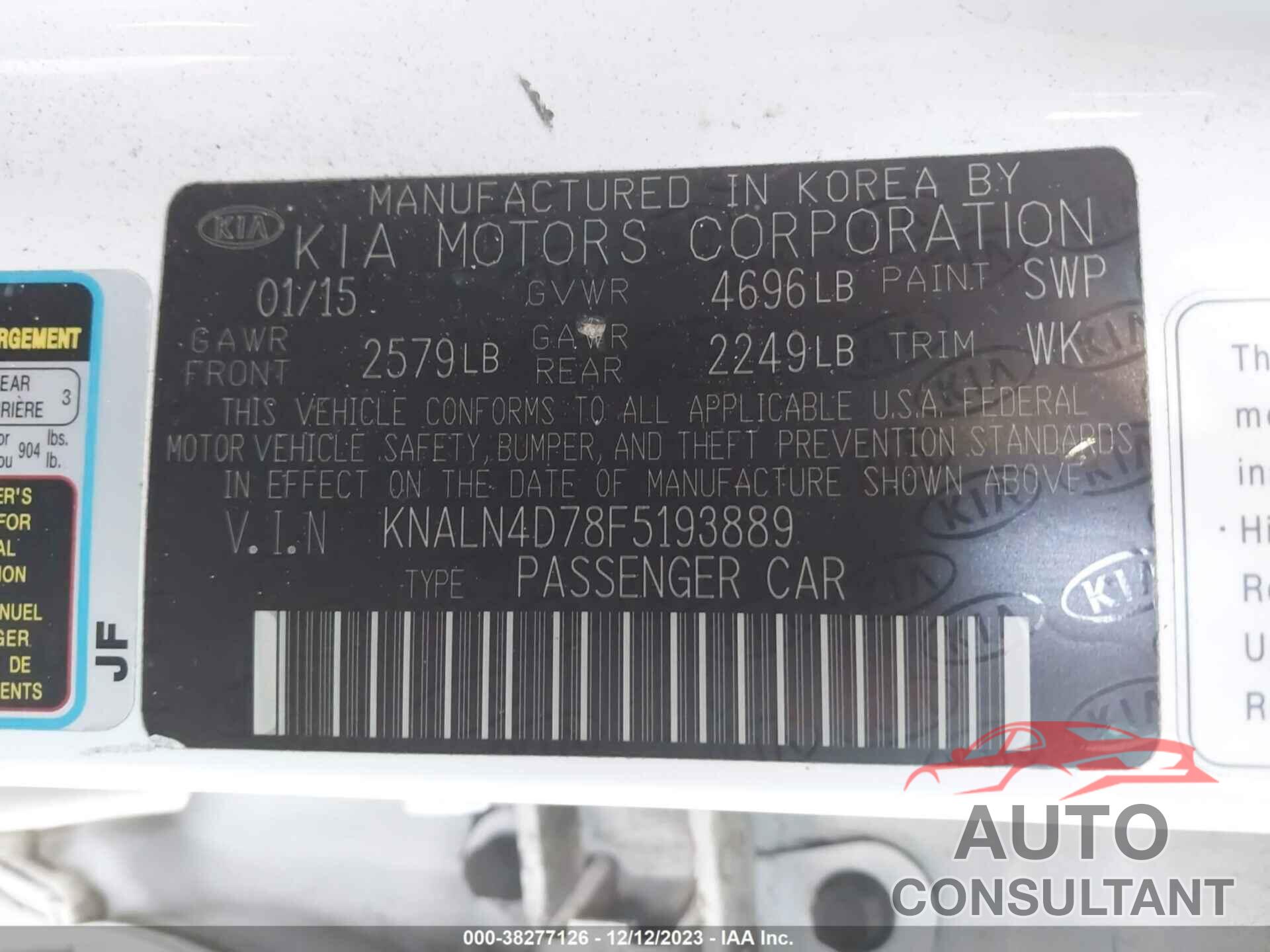 KIA CADENZA 2015 - KNALN4D78F5193889