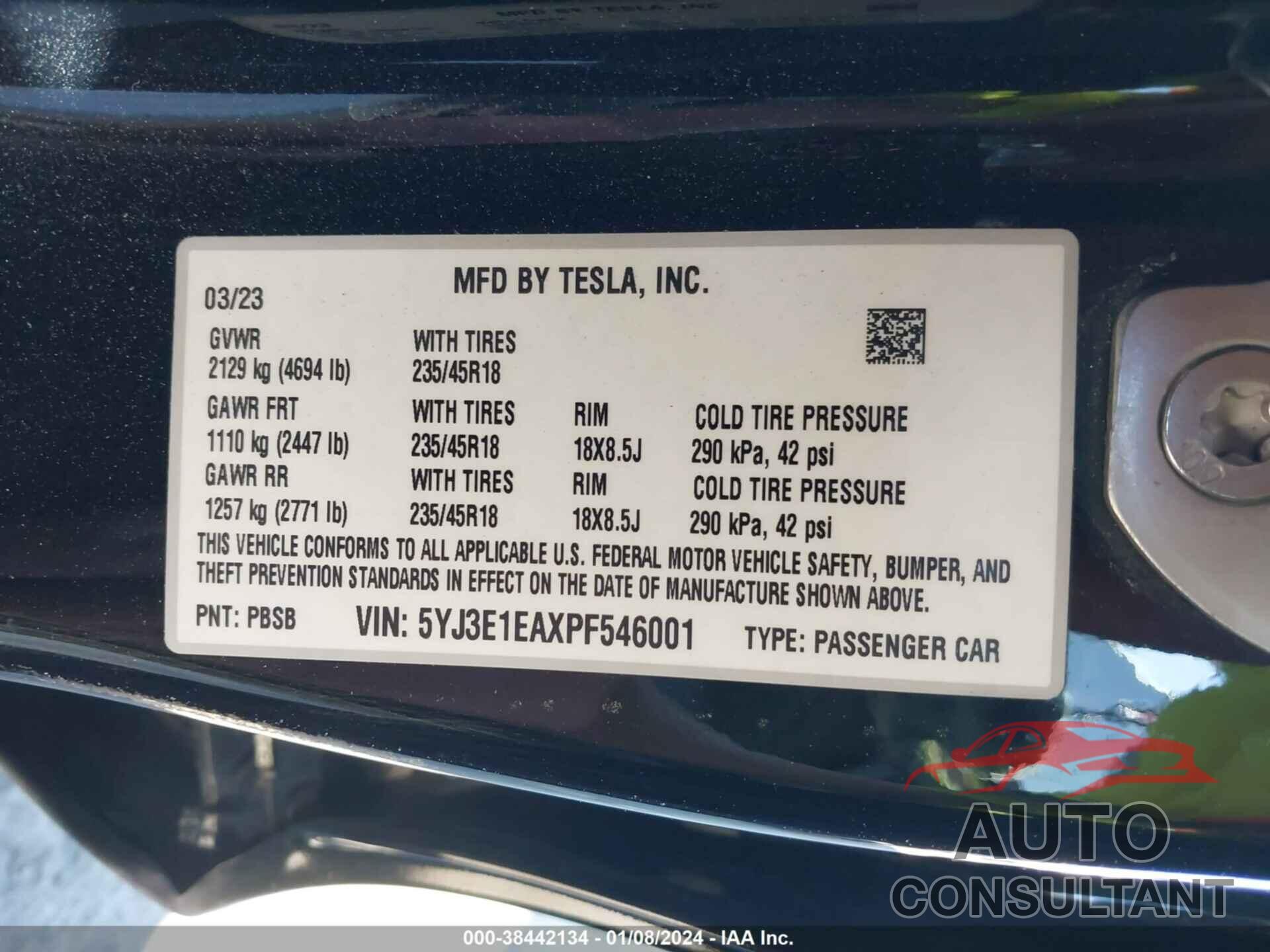 TESLA MODEL 3 2023 - 5YJ3E1EAXPF546001