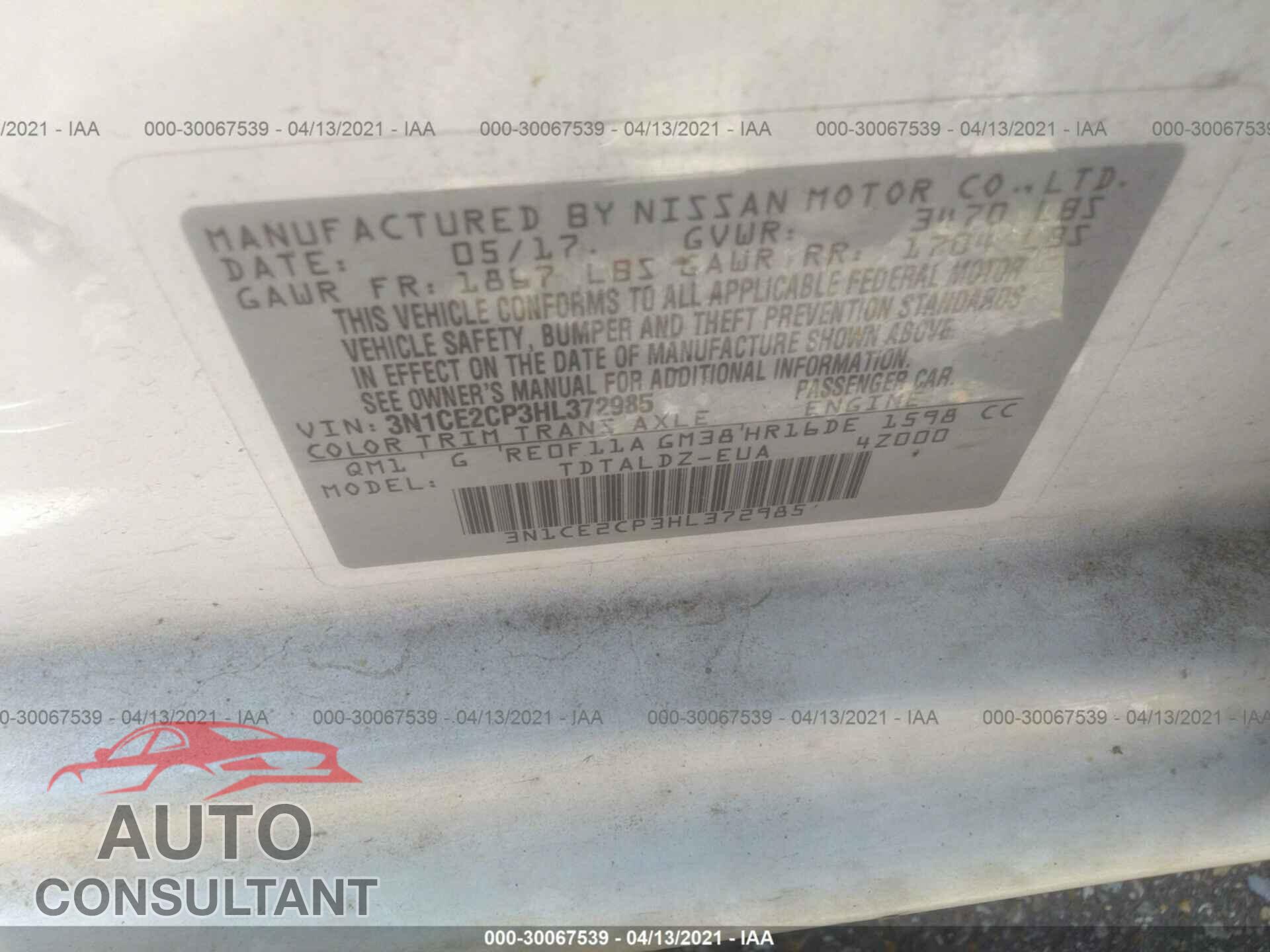 NISSAN VERSA NOTE 2017 - 3N1CE2CP3HL372985