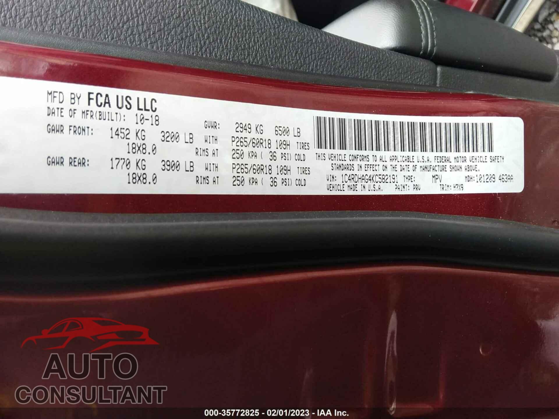 DODGE DURANGO 2019 - 1C4RDHAG4KC582191