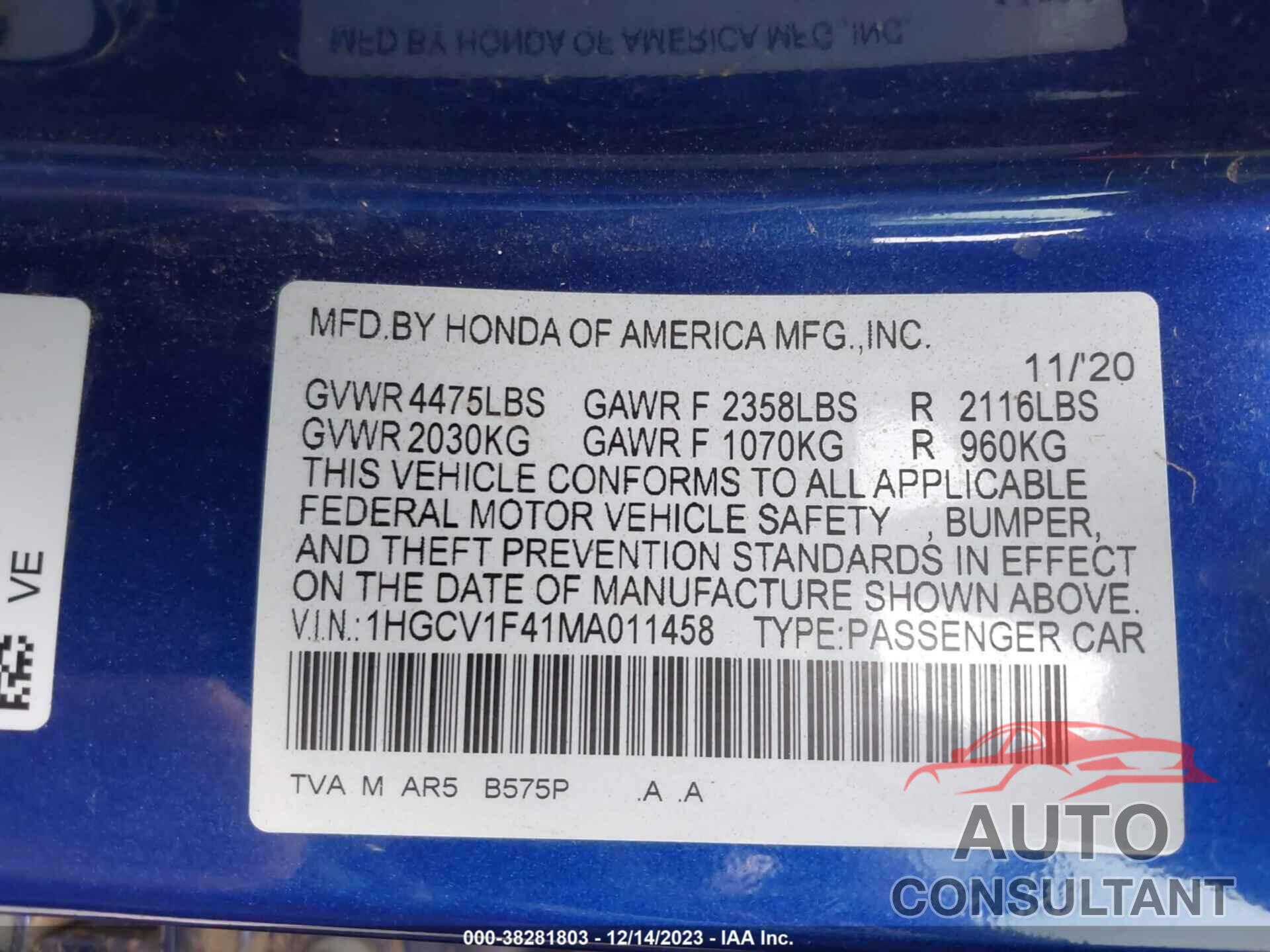 HONDA ACCORD 2021 - 1HGCV1F41MA011458