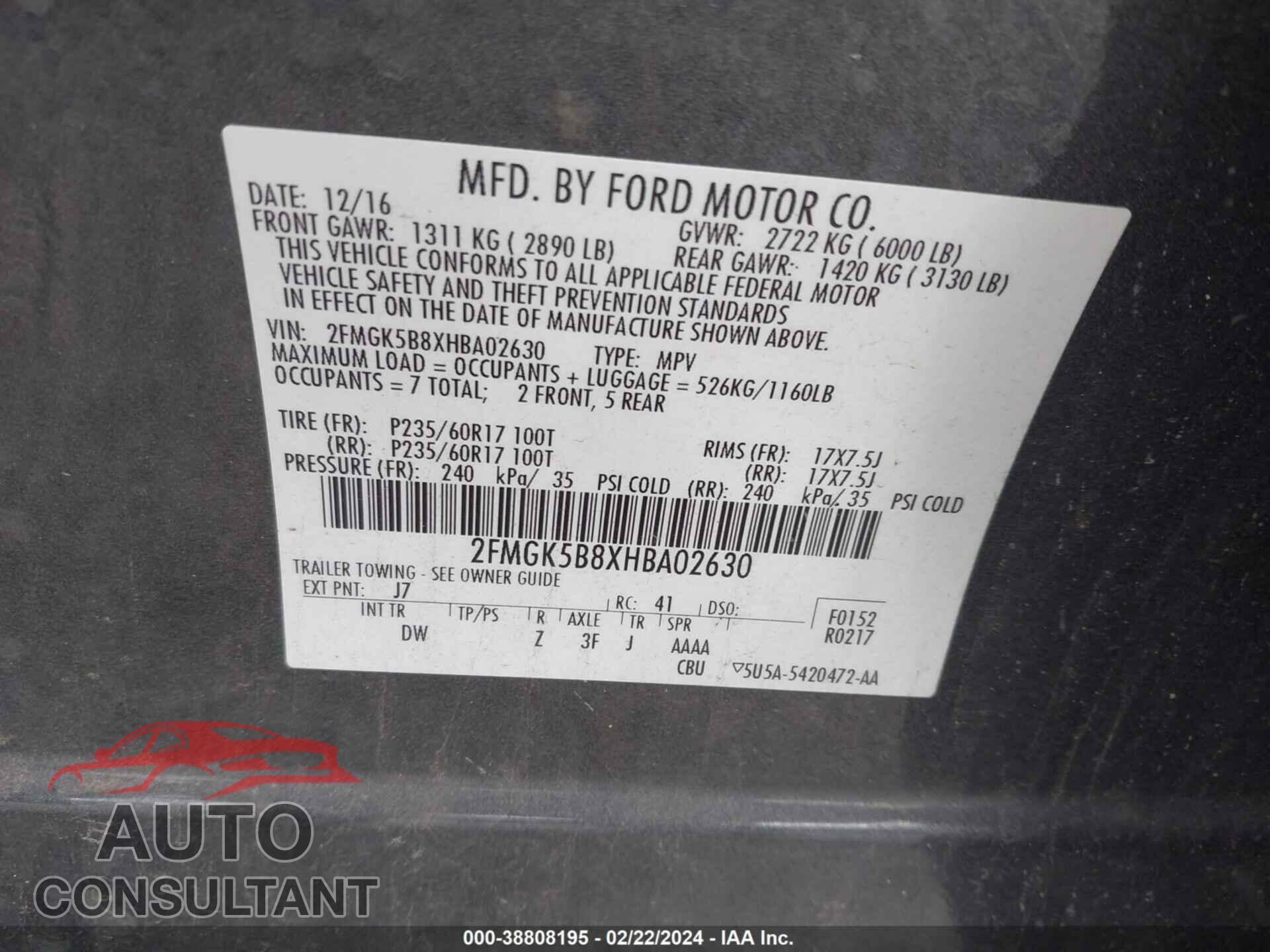 FORD FLEX 2017 - 2FMGK5B8XHBA02630