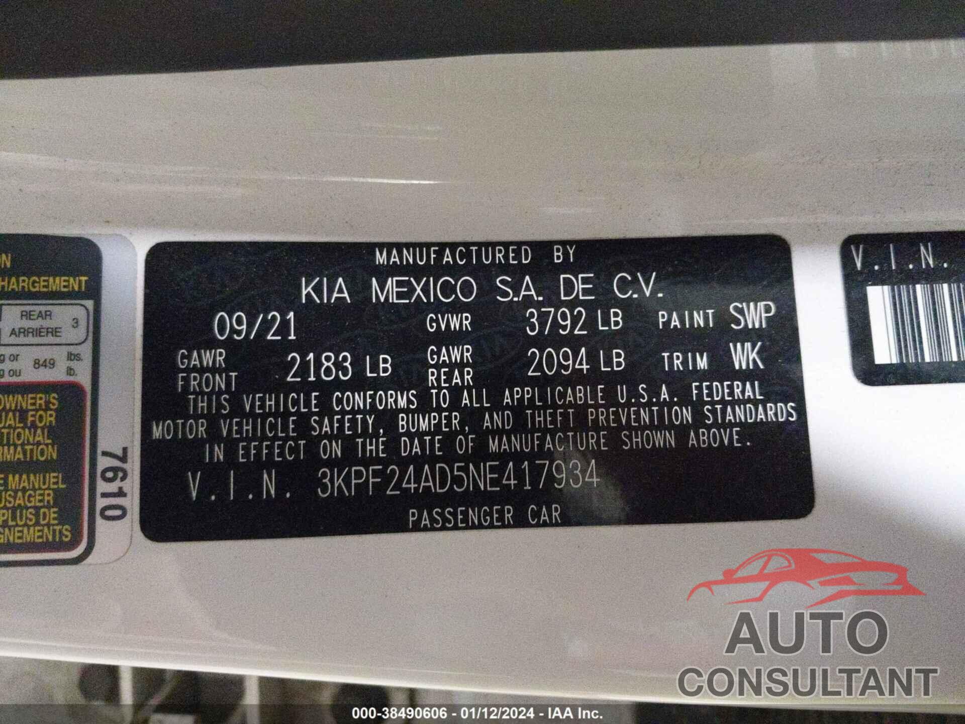 KIA FORTE 2022 - 3KPF24AD5NE417934