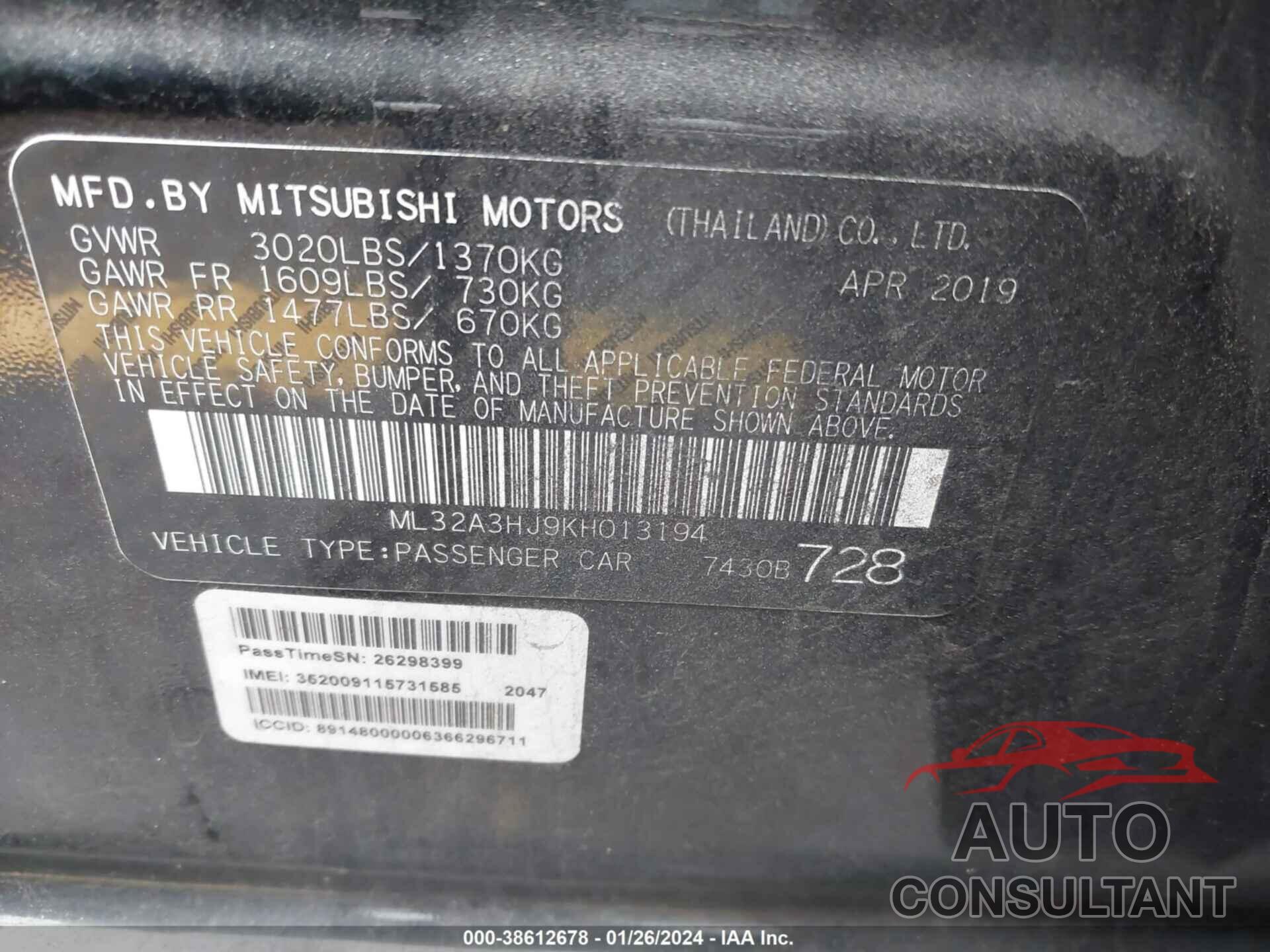 MITSUBISHI MIRAGE 2019 - ML32A3HJ9KH013194