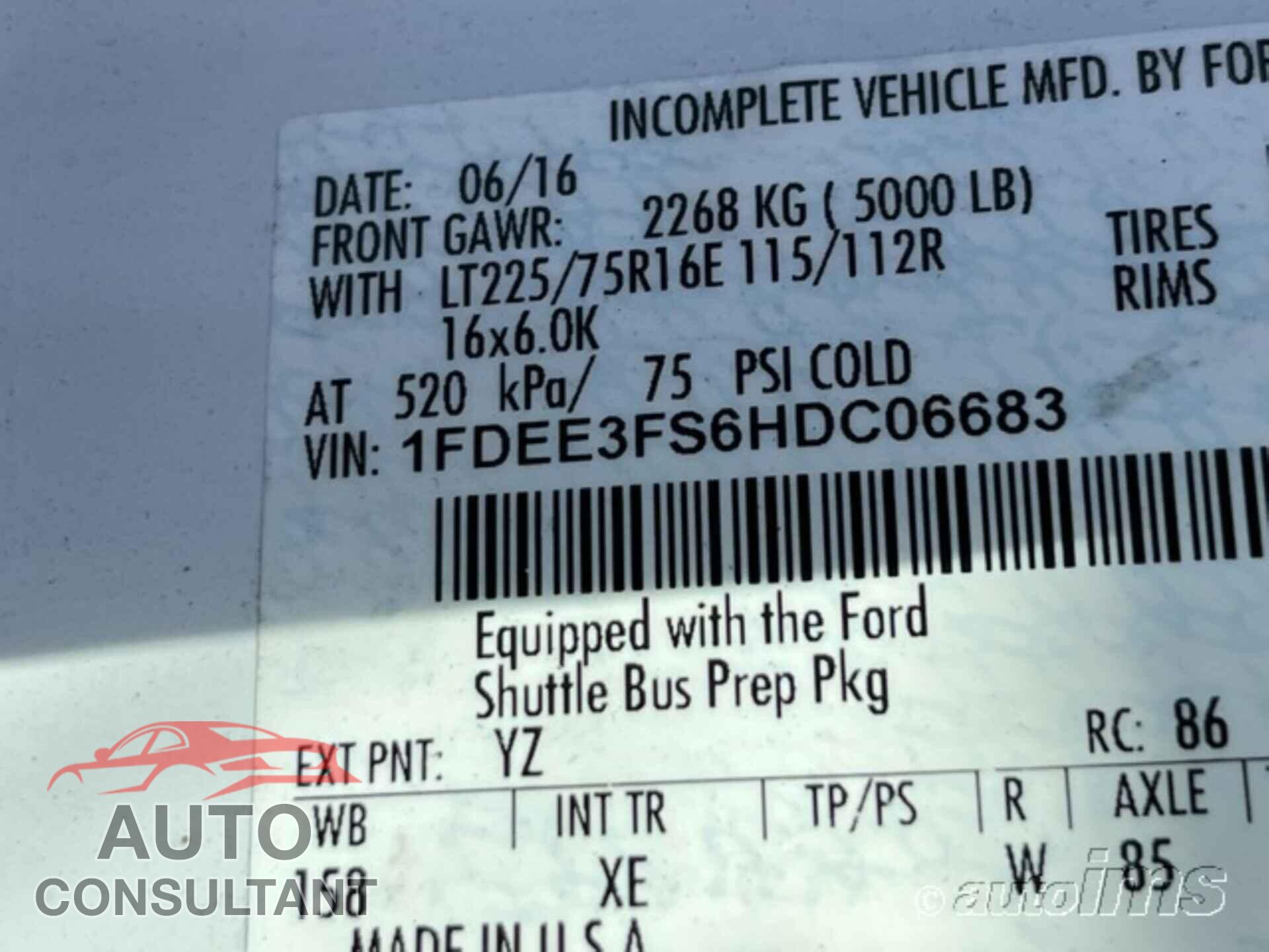 FORD E-350 CUTAWAY 2017 - 1FDEE3FS6HDC06683