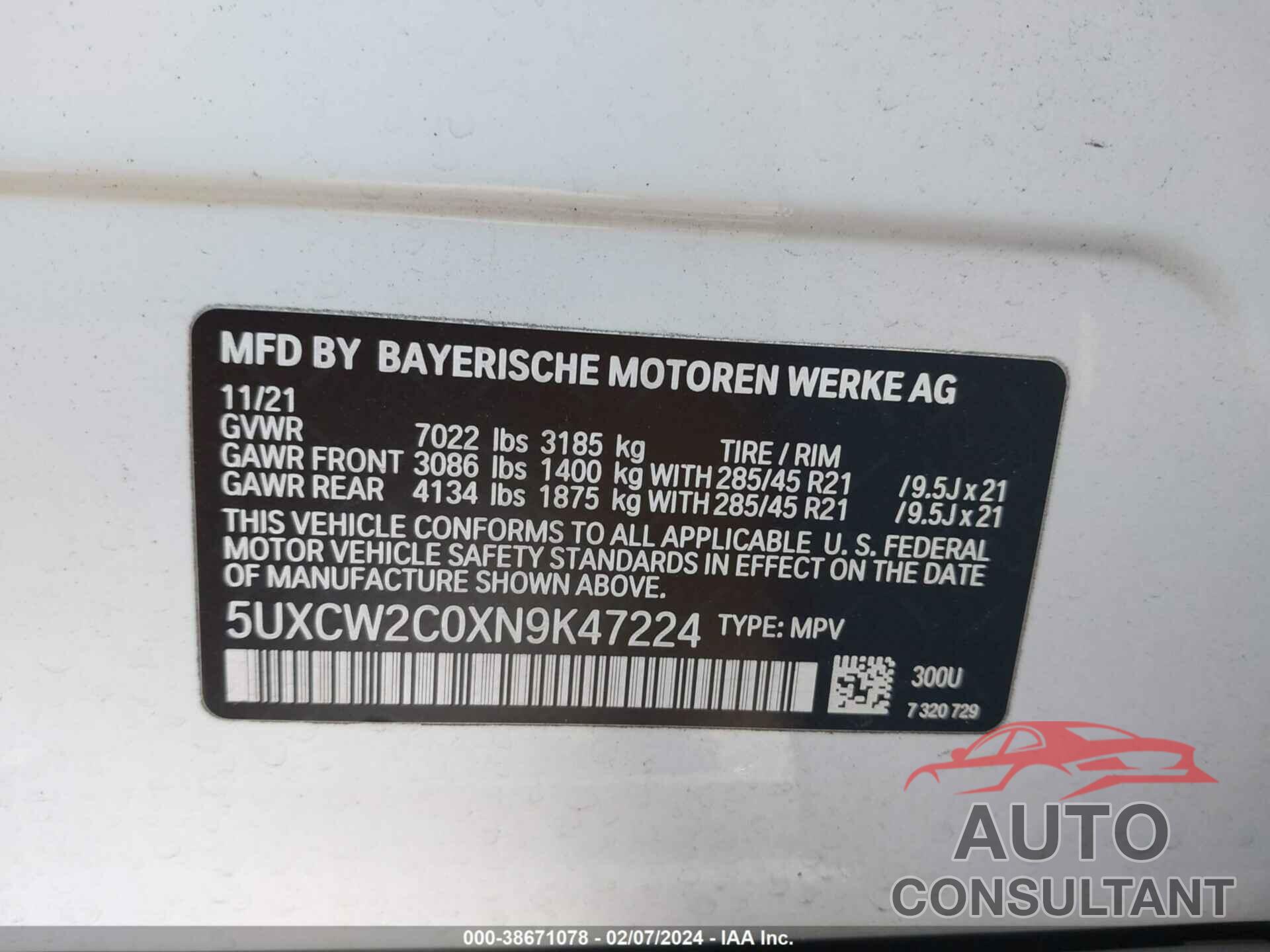 BMW X7 2022 - 5UXCW2C0XN9K47224