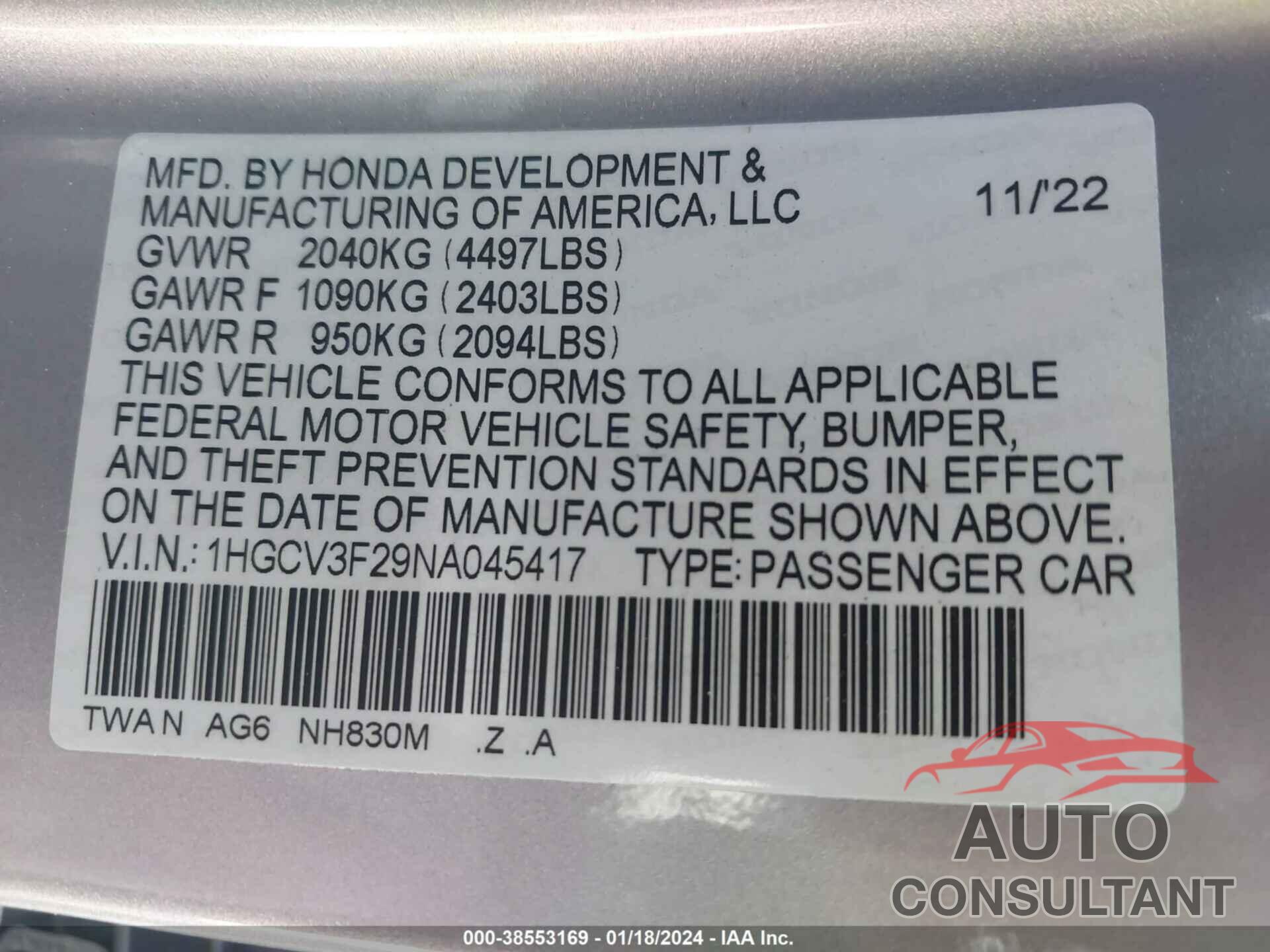 HONDA ACCORD 2022 - 1HGCV3F29NA045417