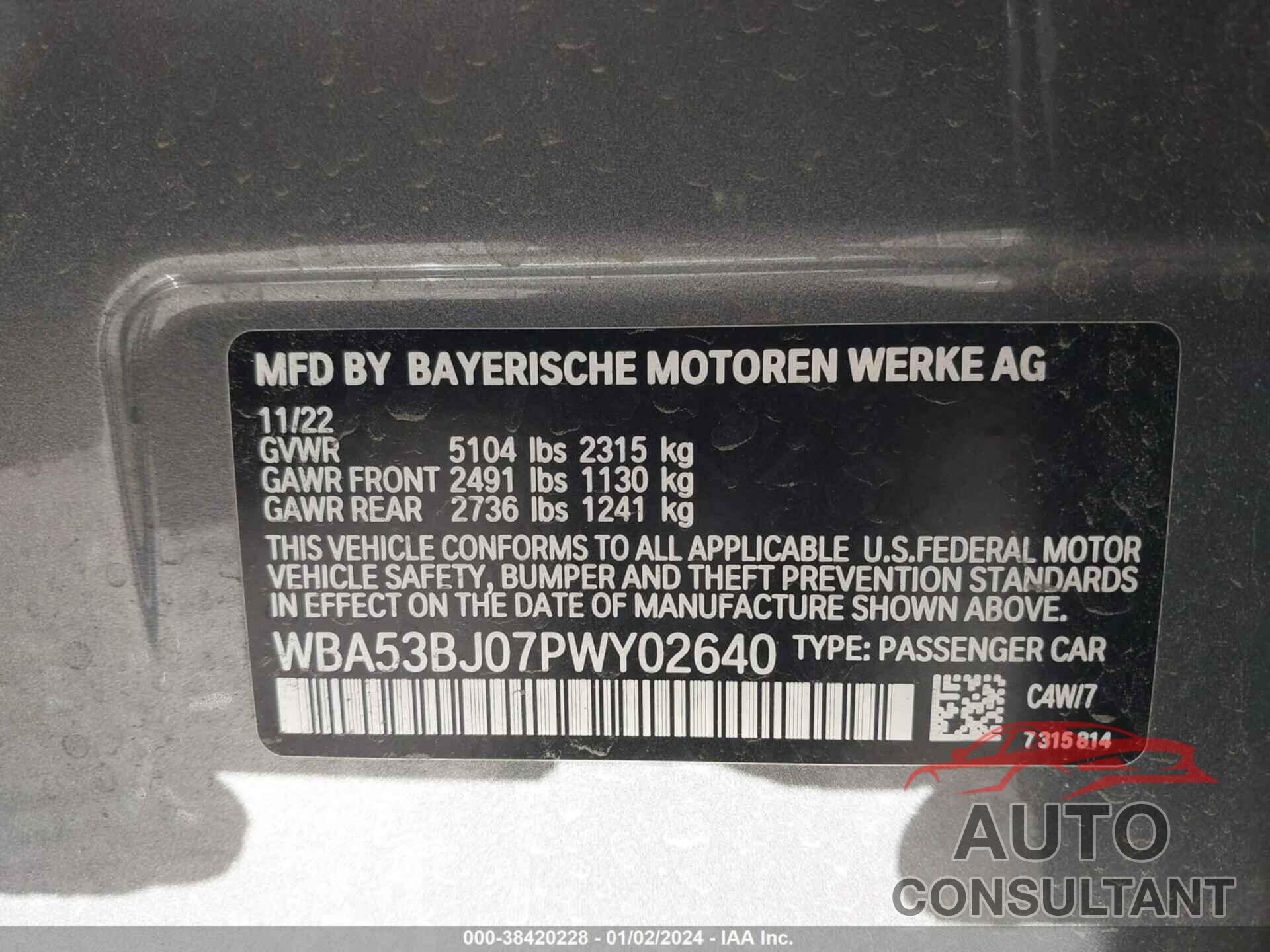 BMW 540I 2023 - WBA53BJ07PWY02640