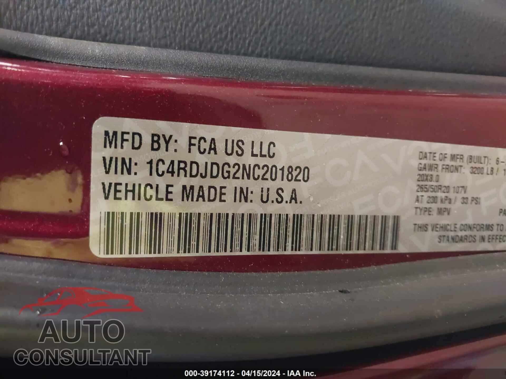 DODGE DURANGO 2022 - 1C4RDJDG2NC201820