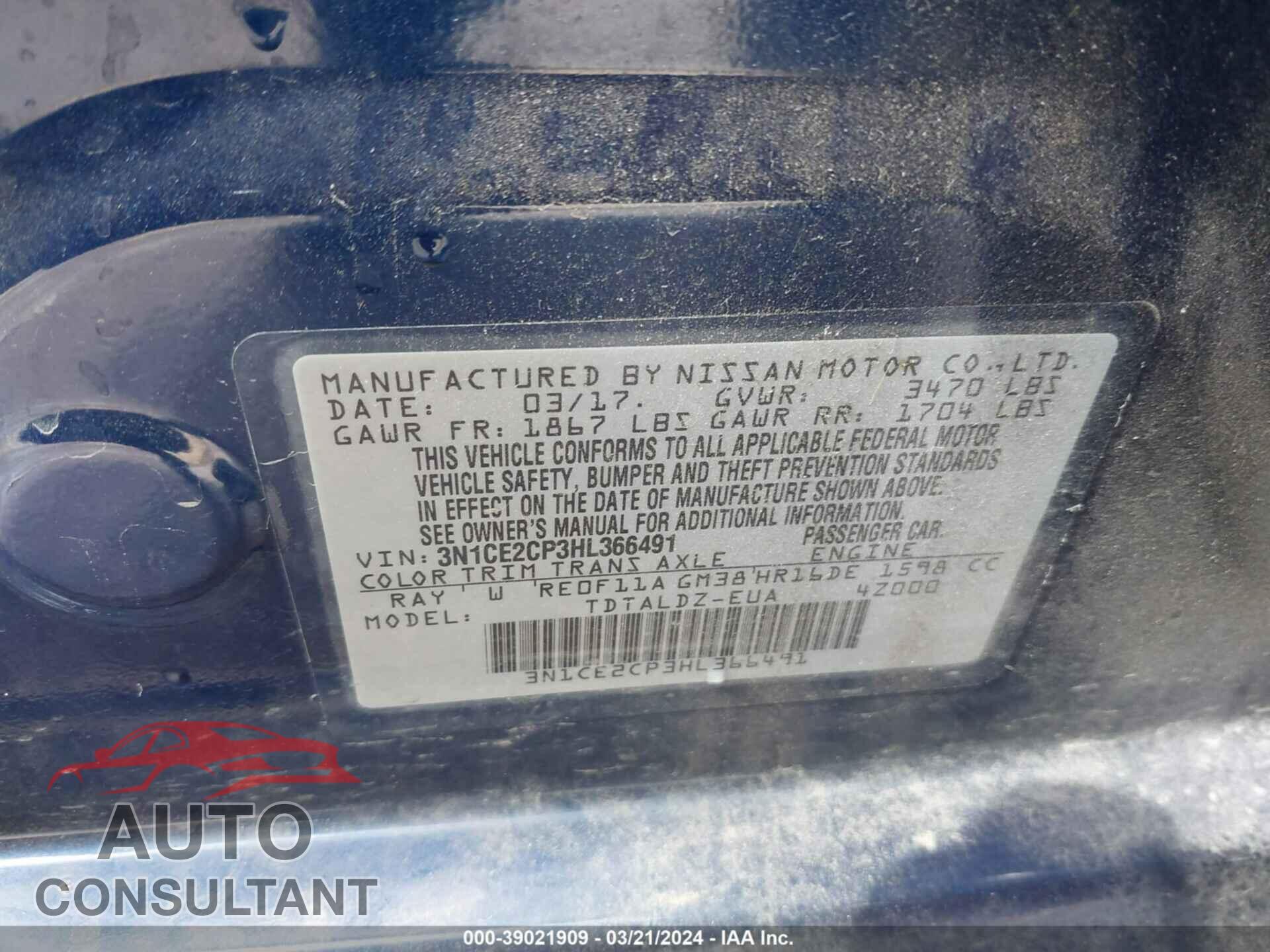 NISSAN VERSA NOTE 2017 - 3N1CE2CP3HL366491